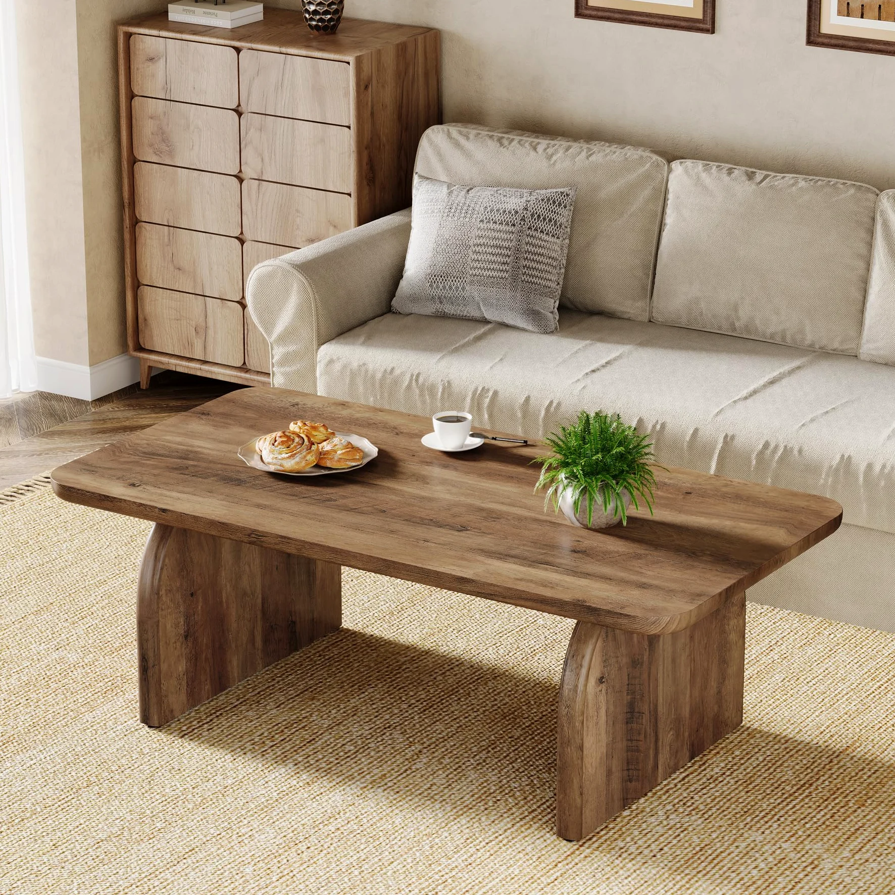 Tribesigns Tavolino da caffè rettangolare, in legno, da 119 cm, tavolo da salotto, tavolino basso da cocktail con base robusta e angoli arrotondati, facile da montare, marrone rustico