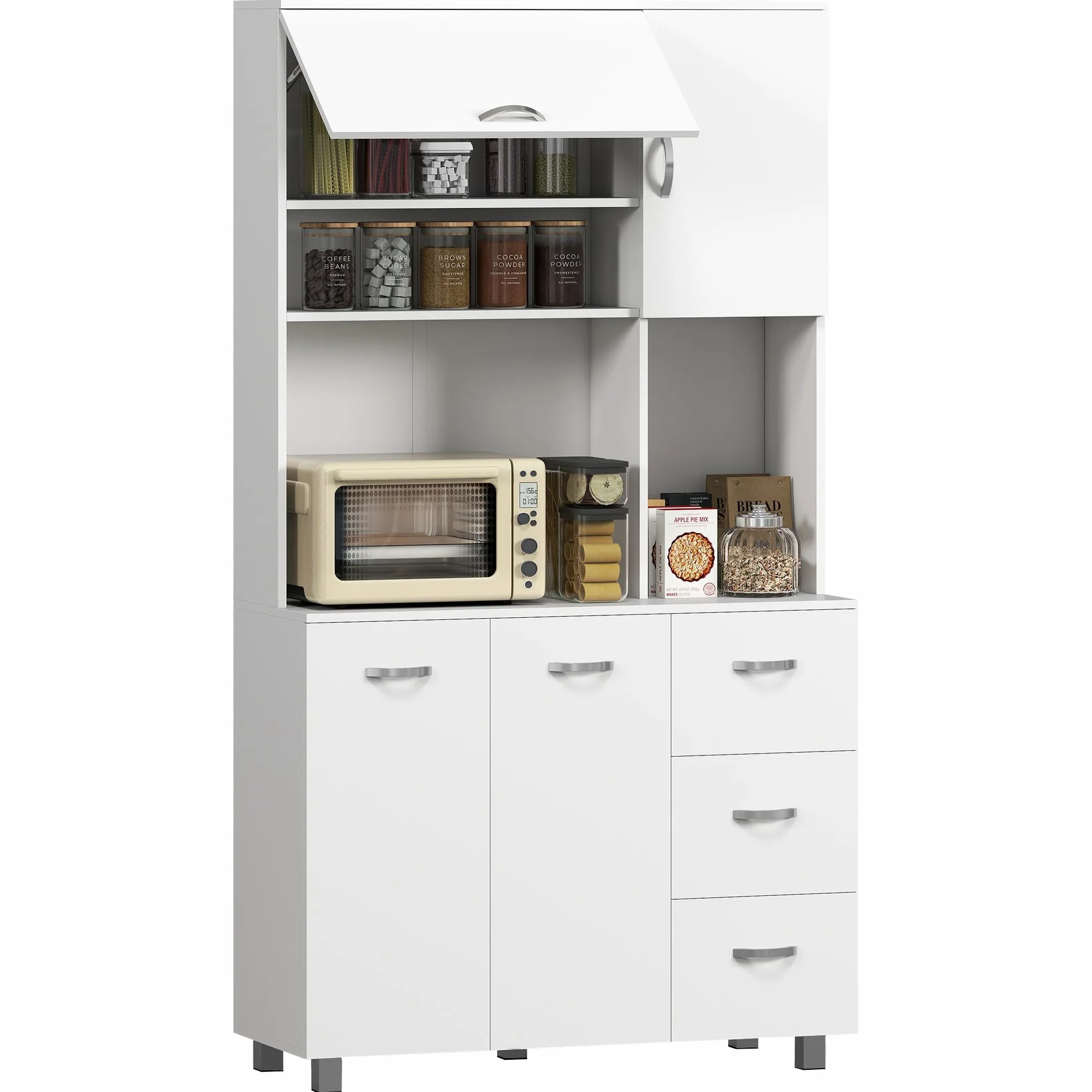 HOMCOM Credenza Alta Moderna con Cassetti e Armadietti, Mobile Cucina per Microonde con Ripiani Aperti, 100x39.5x183.5cm, Bianco