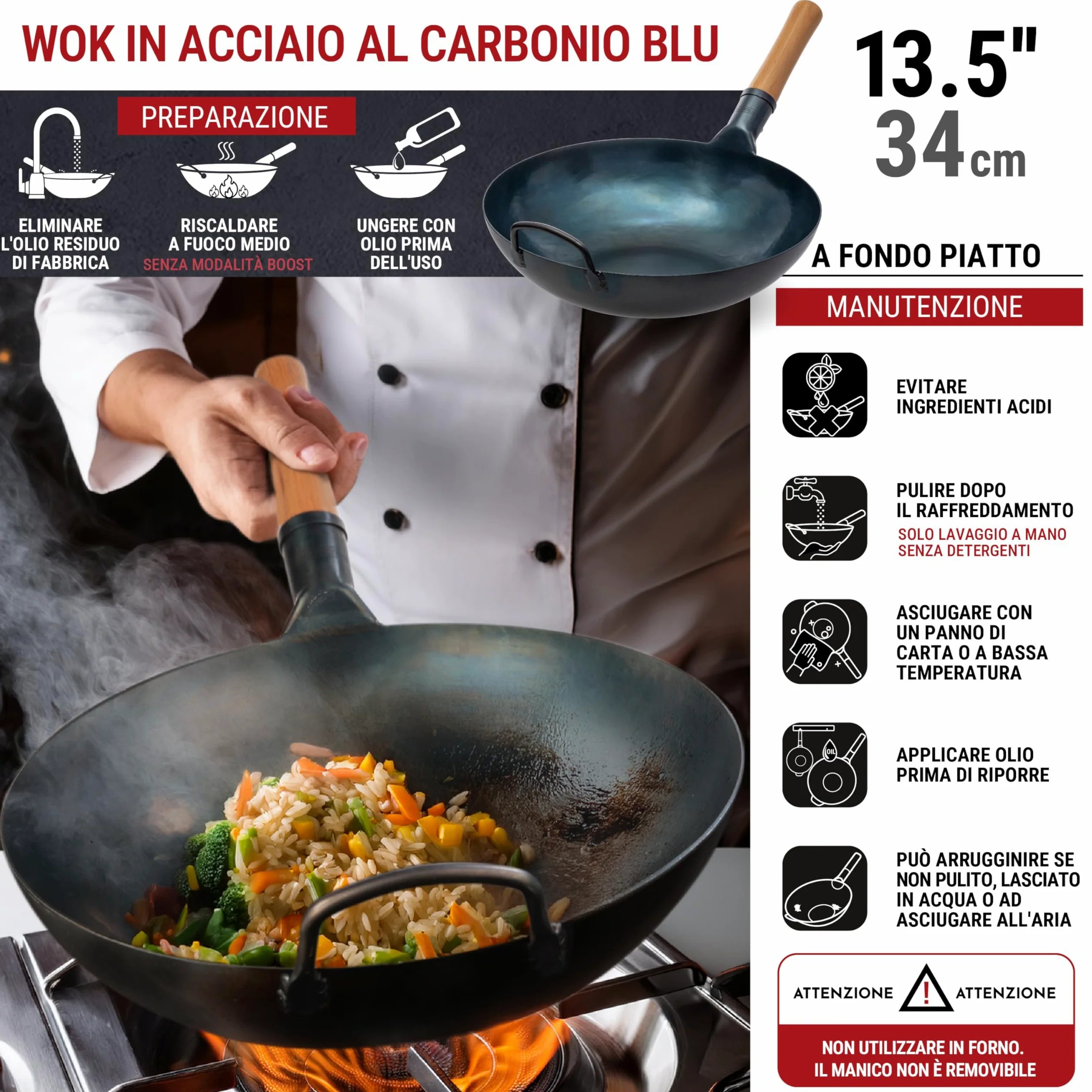 YOSUKATA Wok Padella Professionale 34 cm - Tradizionale Wok Acciaio al Carbonio Blu Fondo Piatto Precondizionato - Cinese Originale Padella - Adatto a Gas Induzione Elettrico Сeramica e Fuoco Aperto