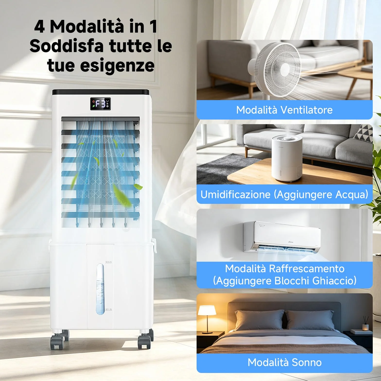 Condizionatore Portatile senza tubo 10L Migliorato, Raffrescatore d'Aria 4 in 1, 3 Velocità, Timer 1-12h, 3 Modalità, Telecomando, Oscillazione 60°, per Camper, Casa, Ufficio(Nero e bianco opaco)