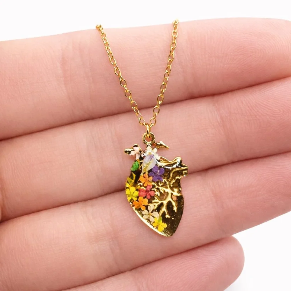 BeFloral Collana Cuore Anatomico Donna Acciaio Inossidabile Oro Fiori Resina Gioiello Artigianale Idea Regalo Medico Infermiera