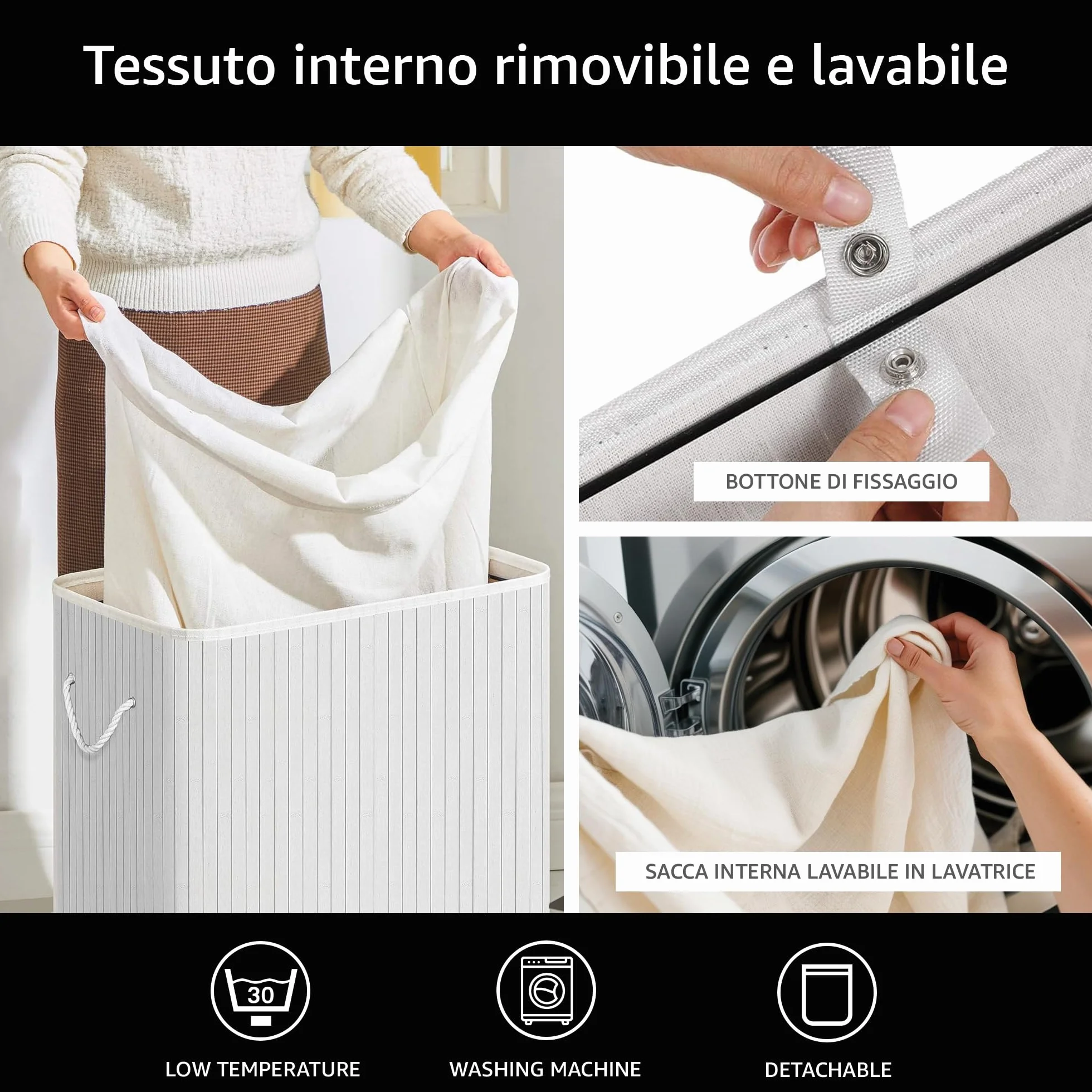 Comart - Portabiancheria Bamboo - 72 L - 1 Scomparto - Cesto Salvaspazio - Pieghevole - con Coperchio e Maniglie - Fodera Interna Rimovibile - Porta Panni e Bucato - per Lavanderia e Bagno - Bianco