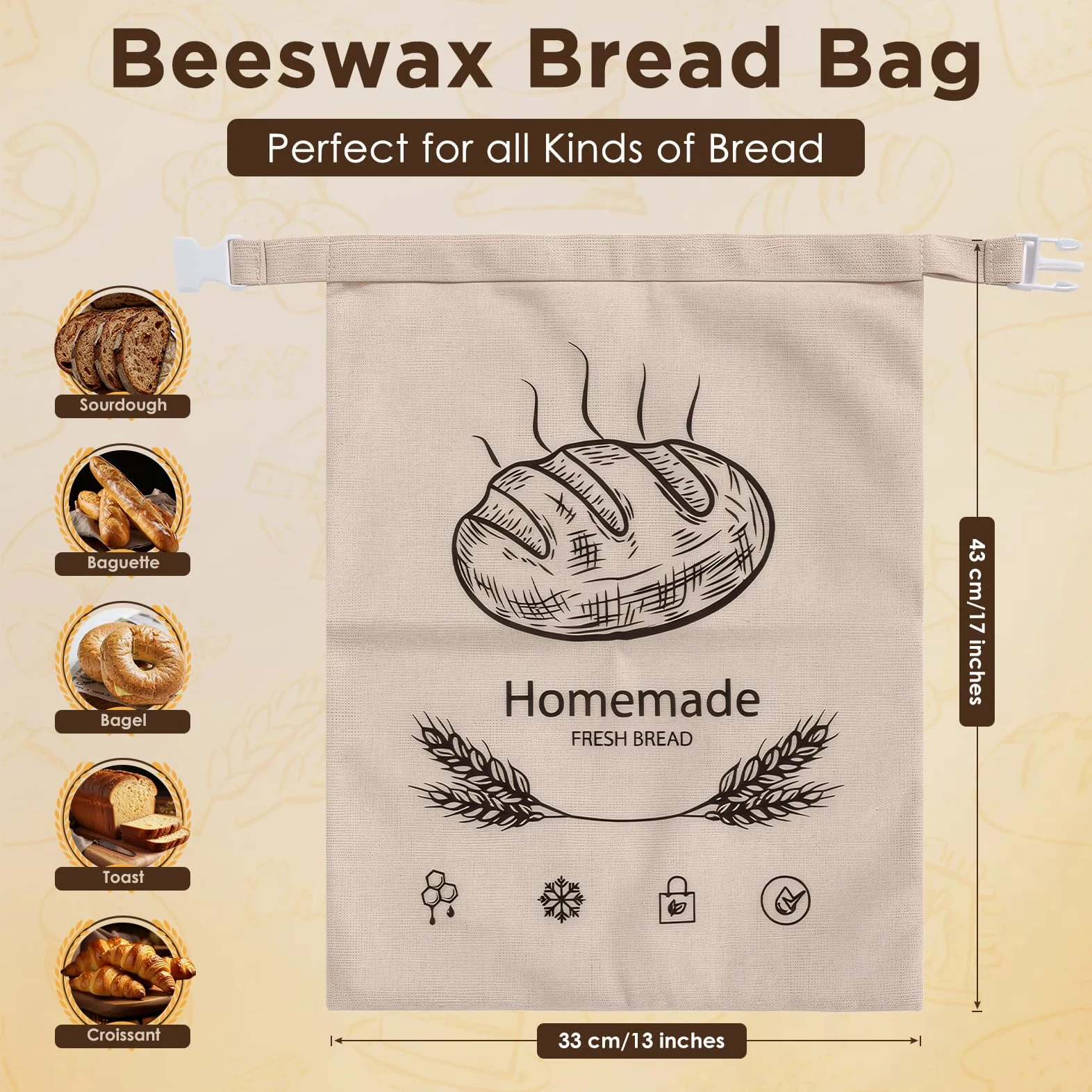 Lot di 2 Sacchetto Pane Cera D'api con Zip, 43×33 cm Sacchetti per Pane in Cera D'api, Congelatore, per Pane a Lievitazione Naturale Fatto in Casa