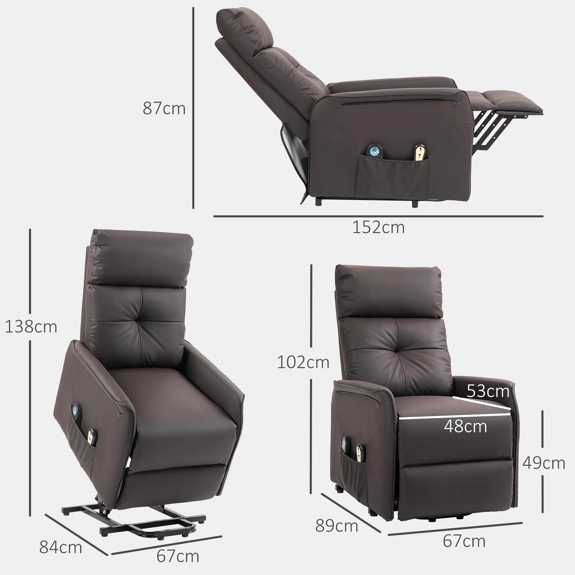 HOMCOM Poltrona Elettrica Alzapersona Reclinabile in Tessuto, Poltrona Relax Elettrica (Tessuto antigraffio (60% poliuretano, 40% poliestere), Marrone scuro, 67L x 89P x 102A cm)