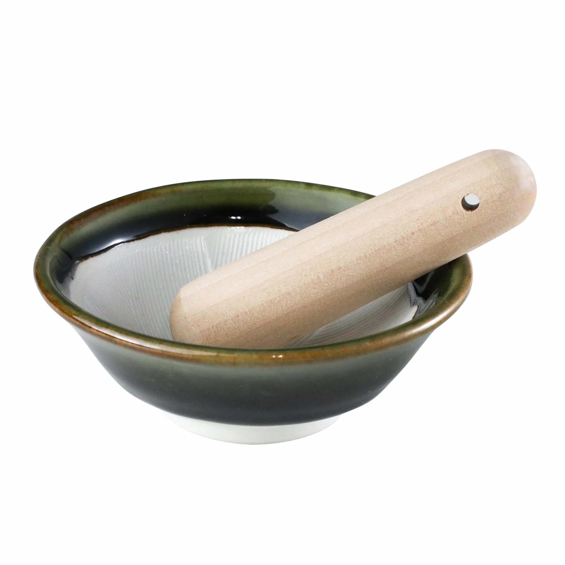 Asayu Japan Mortaio in Ceramica con Pestello in Legno, Realizzato in Giappone, Lavabile in Lavastoviglie e Adatta al Microonde, Set Ripple Ridge Suribachi e Surigoki (Verde oliva)