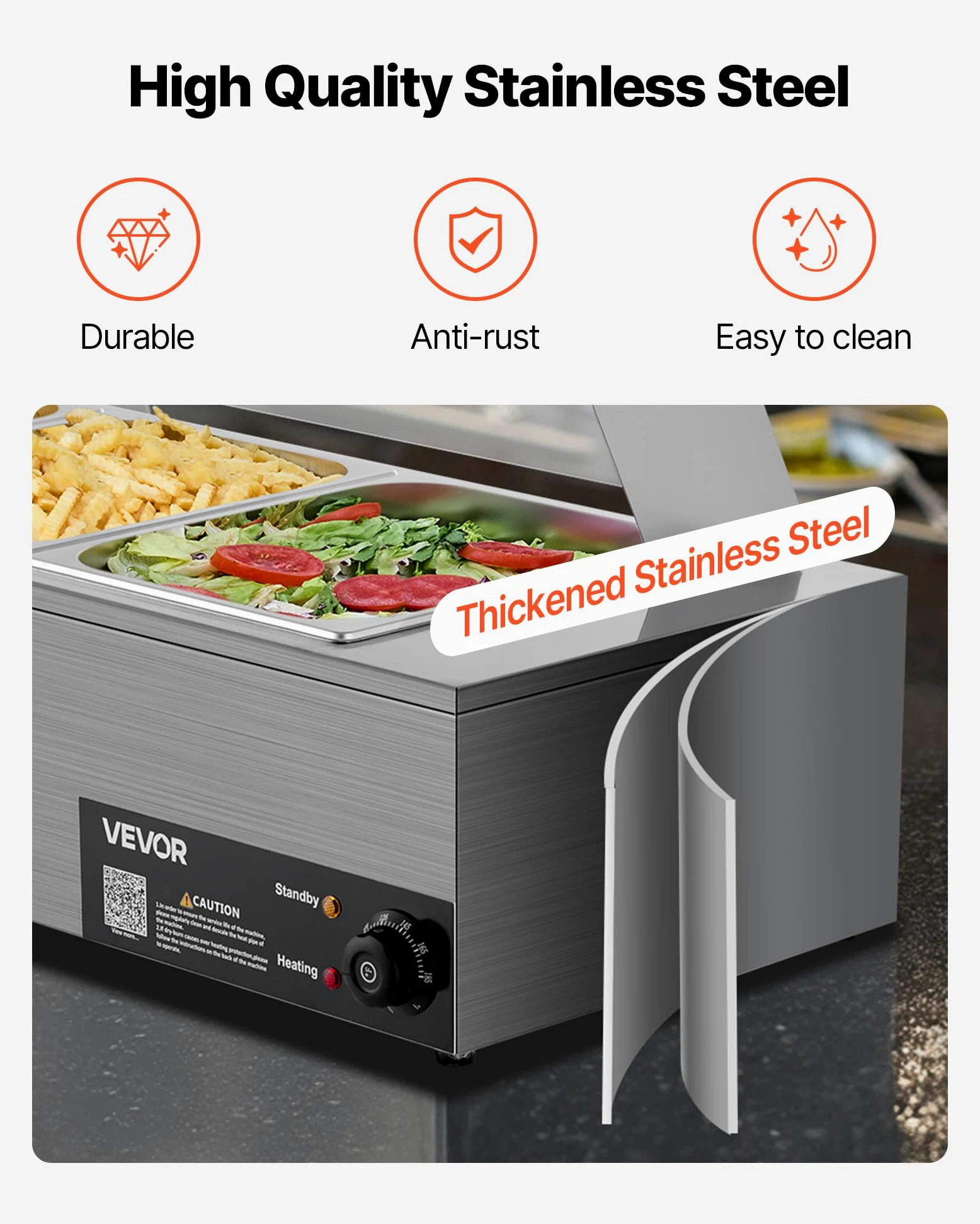 VEVOR Scaldavivande Commerciale Buffet 3 Contenitori da Dimensioni 1/2, Contenitore Scaldavivande Elettrico in Acciaio Inox da 1,5 kW con Coperchio in Vetro e Mestolo per Zuppa, per Catering, Feste