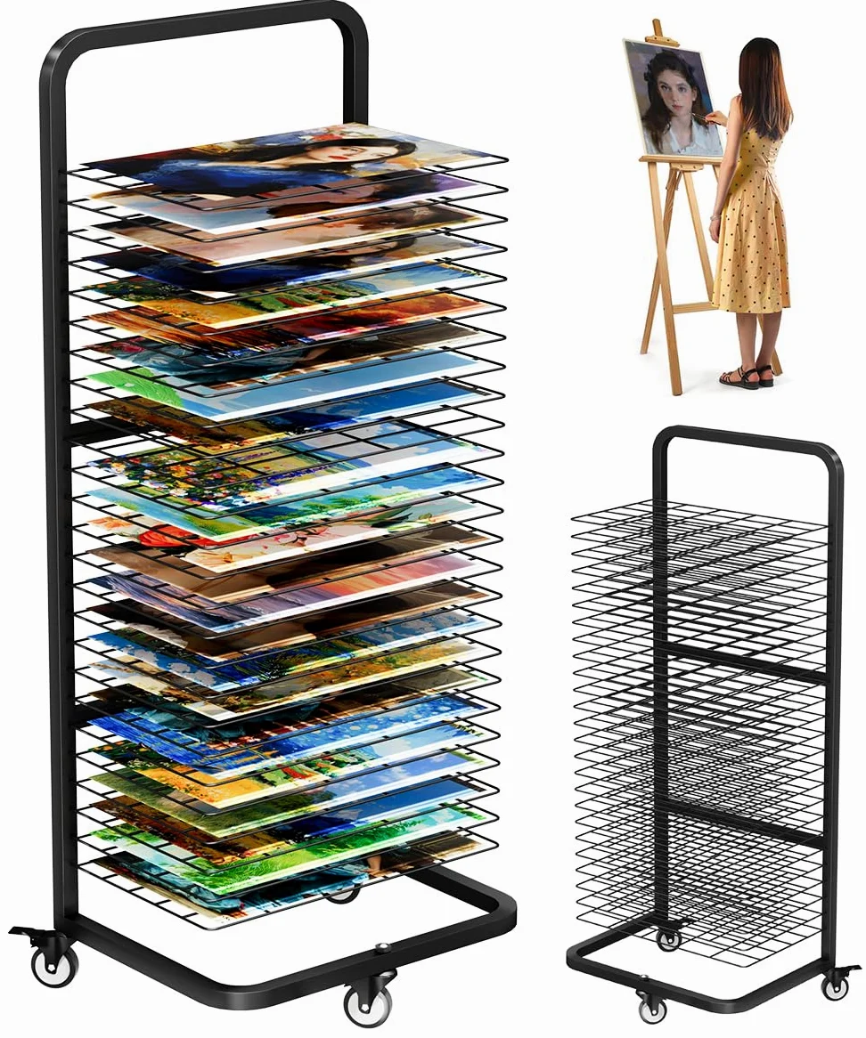 Garbuildman Stendibiancheria resistente per dipinti, supporto in metallo con 25 ripiani rimovibili, scaffale mobile in tela con ruote bloccabili per aule e studi artistici, nero