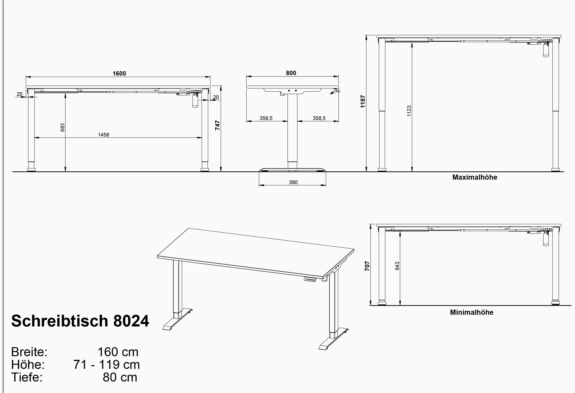 Germania Scrivania 8024-242, in rovere Navarra repro/bianco, regolabile elettricamente in altezza, 160 x 119 x 80 cm (LxAxP)