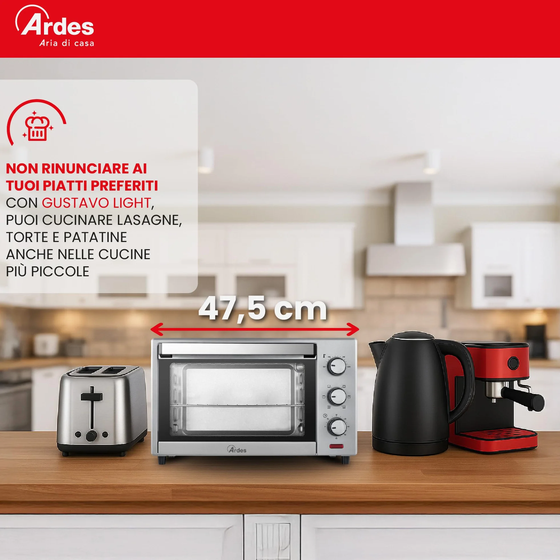 ARDES AR6226S Fornetto Elettrico Ventilato 25 Litri Luce Interna 6 Funzioni Cottura Timer 60' Doppio Vetro Silver