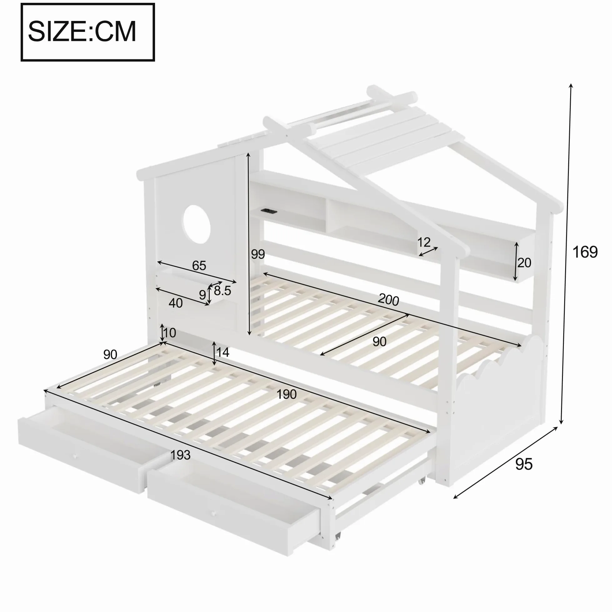 Letto Casetta per Bambini Ragazzi 90x200 con letto estraibile 90x190, Letto a Forma di Casa con LED e Porte di ricarica USB, 2 Cassetti e Ripiani, Struttura letto in Legno Massiccio(Senza Materasso)