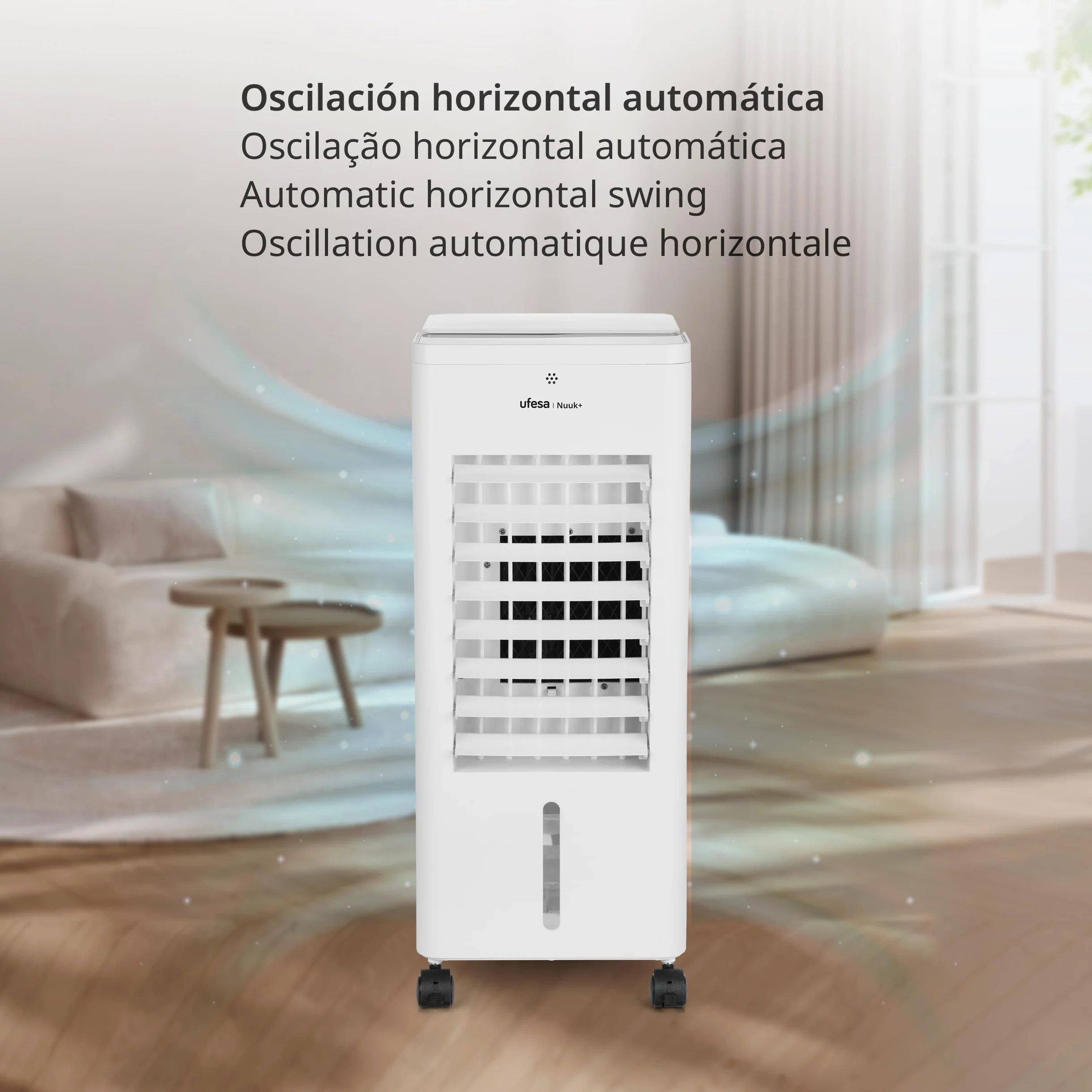 Ufesa Nuuk+ Raffrescatore Portatile Evaporativo 65W Funzione 3in1Raffreddamento Ventola e Ionizzazione 3Velocità 3Modalità Pannello a Sfioramento Serbatoio da 6L Timer12h Filtro Lavabile Telecomando