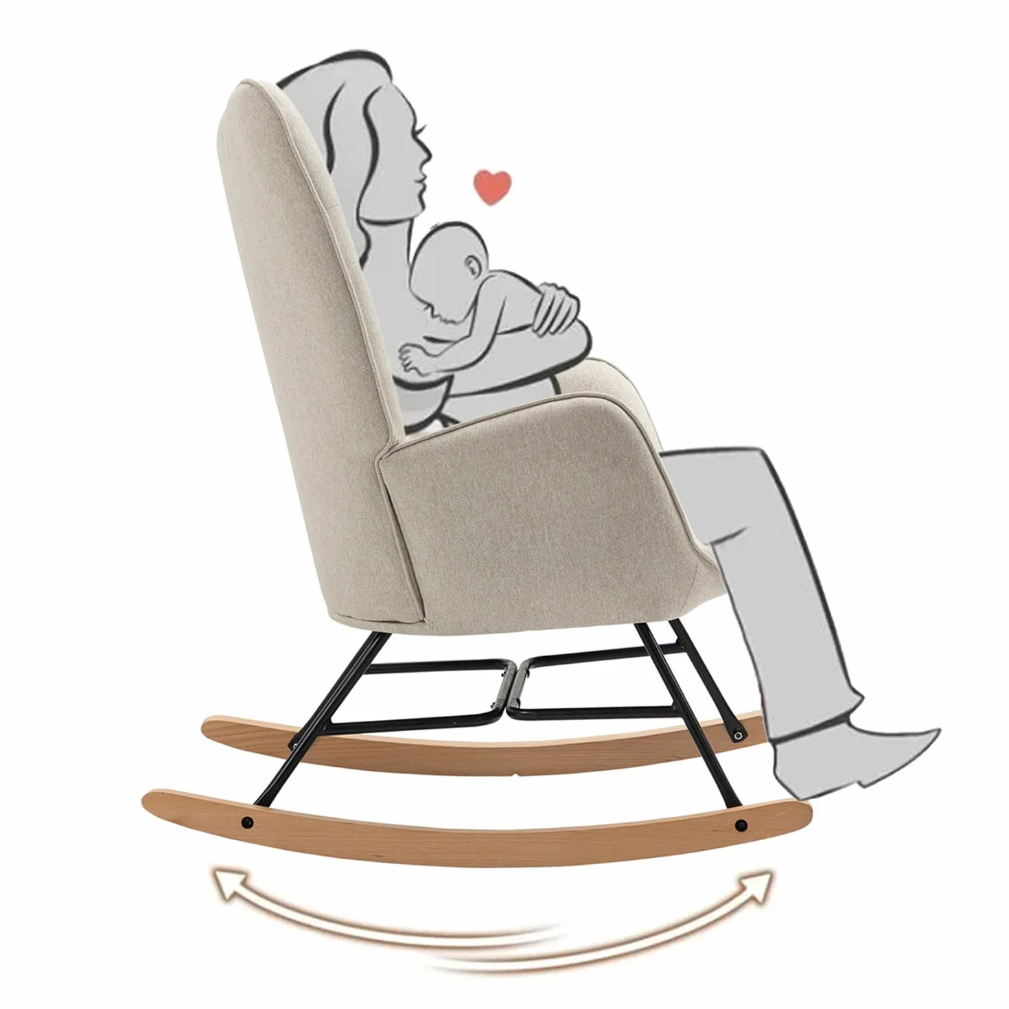 MEUBLE COSY Sedia a Dondolo Poltrona Imbottita Relax con Braccioli Schienale Alto per Soggiorno Cameretta in Tessuto con Gambe in Legno