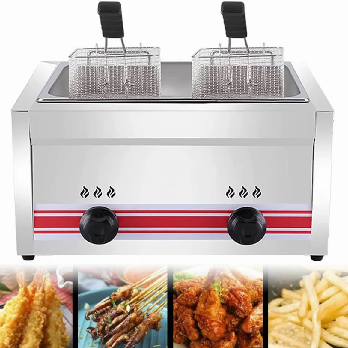 Friggitrice a Gas GPL Professionale, friggitrice Commerciale in Acciaio Inossidabile con cestelli e coperchi per friggitrice, per Cucina Domestica Commerciale, monocilindrico da 20