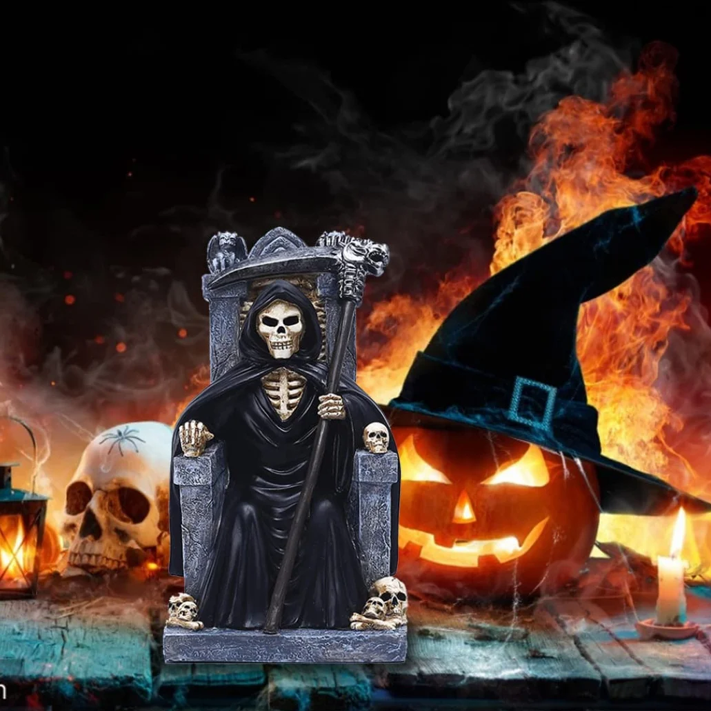 Jorzer Statua della morte di Halloween Morte Statua Tristo Mietitore Resina Scheletro Decorazione Desktop