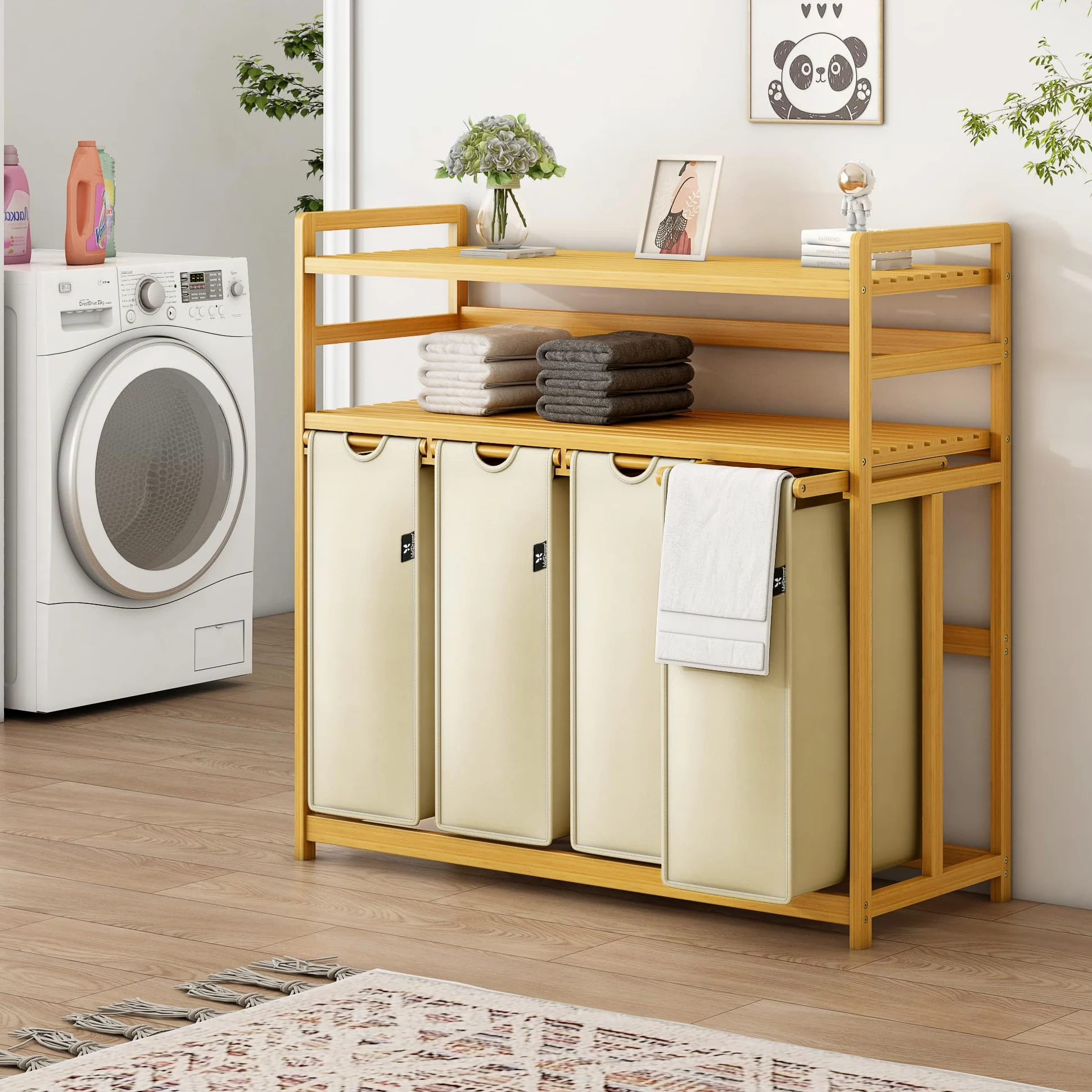 AdelDream Cesto portabiancheria con ripiani 4 scomparti 2 ripiani in bambù estensibile e rimovibile 200L beige