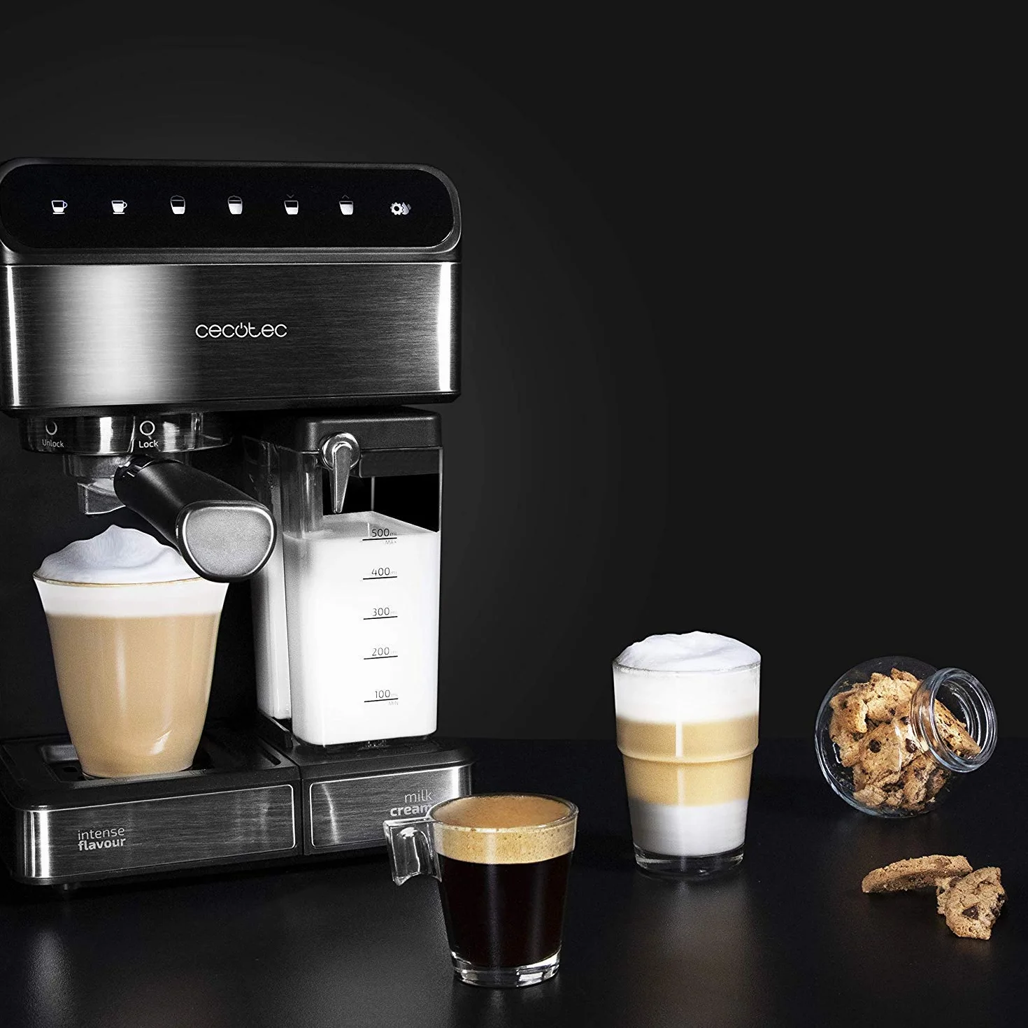 Cecotec Caffettiera Semiautomática Power Instant-ccino Touch Serie Nera, Serbatoio di Latte, Controllo Tattile, 20 Bares, Thermoblock, 1350 W, 1.4 L, Acciaio Inossidabile