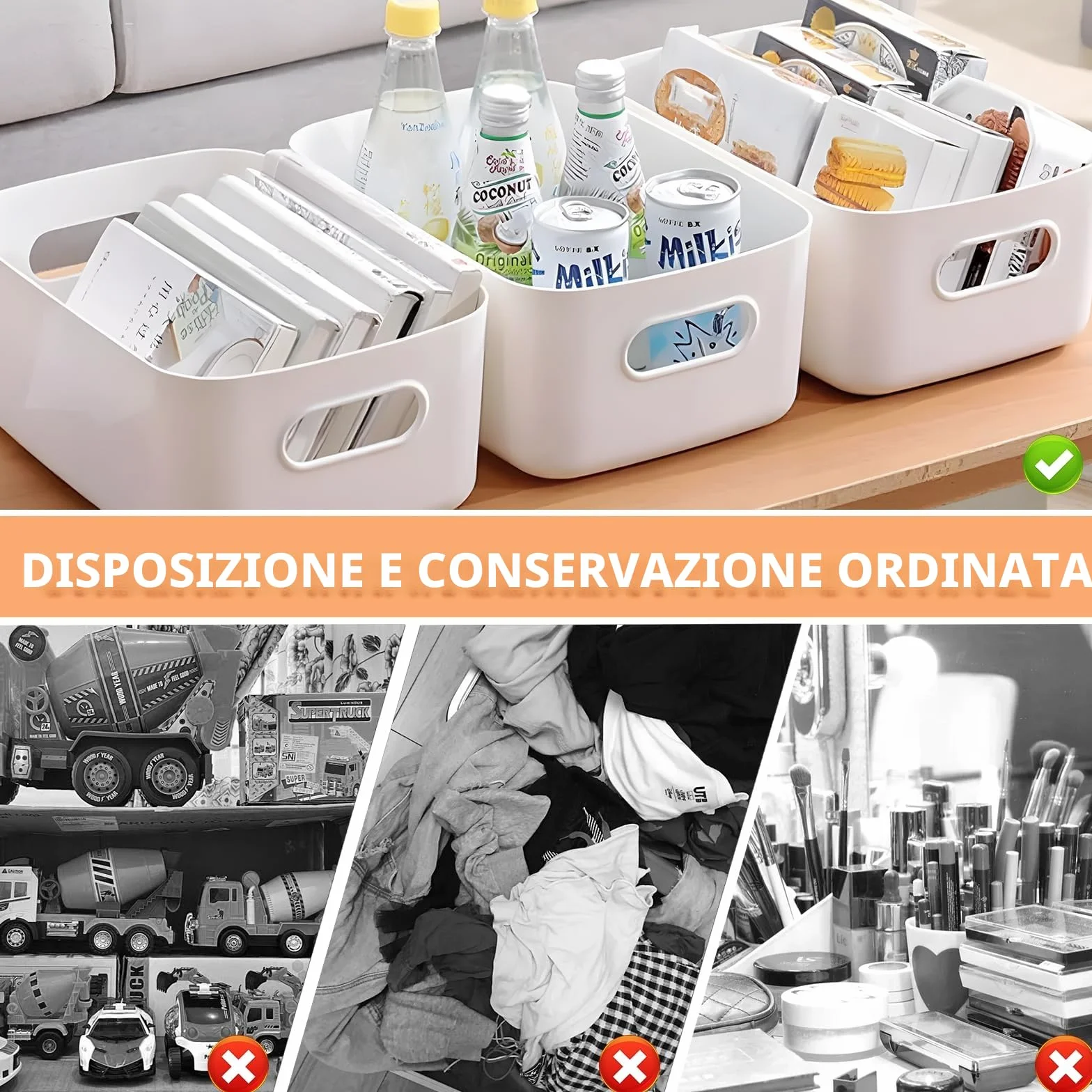 Cestino Portaoggetti Plastica Bianco con Manici 10 Pezzi per Bagno Cucina Armadio