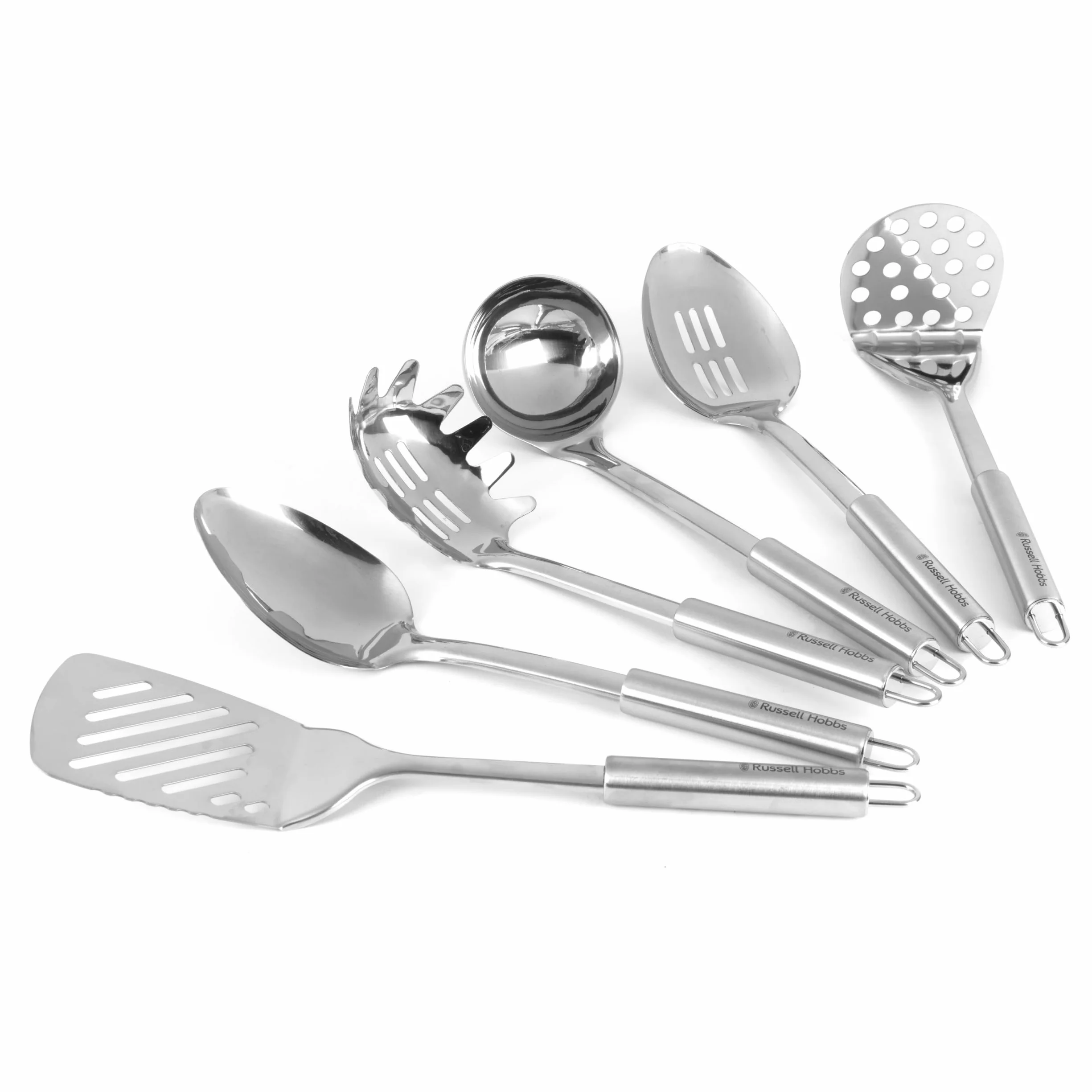 Russell Hobbs® RH00123 - Set di utensili da cucina in acciaio inossidabile con supporto, 6 pezzi,Include cucchiaio solido e a taglio, Turner, Ladle, Masher e Pasta Server