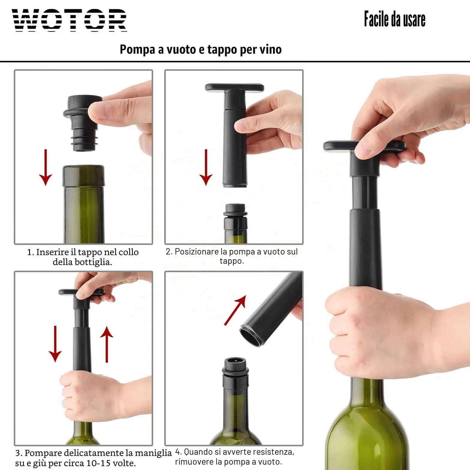 WOTOR Pompa sottovuoto per vino con 4 tappi riutilizzabili