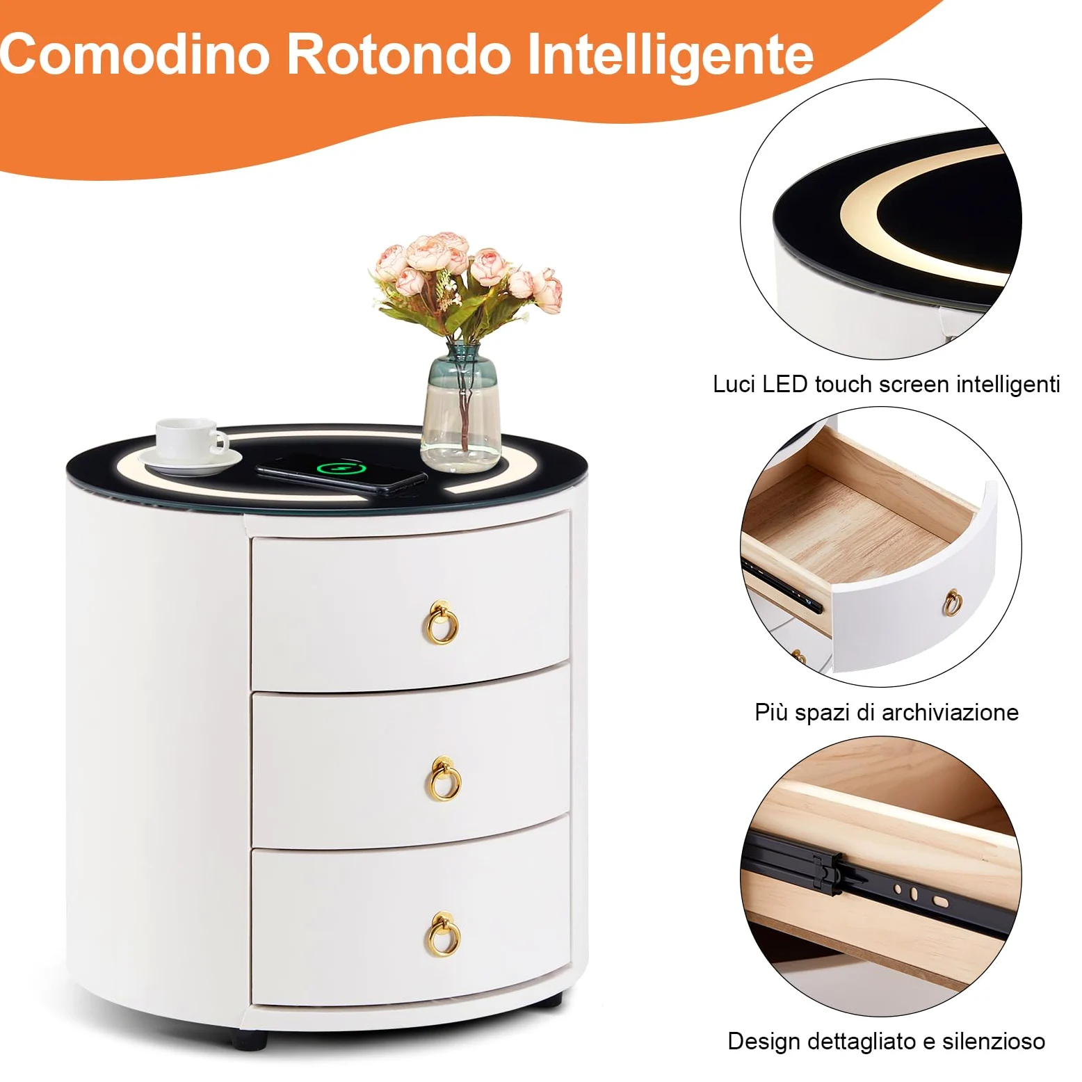 LEMROE Comodino rotondo con luce LED regolabile e stazione di ricarica wireless in vetro, Comodino intelligente con 3 cassetti, Tavolino da camera da letto (1, Bianco)