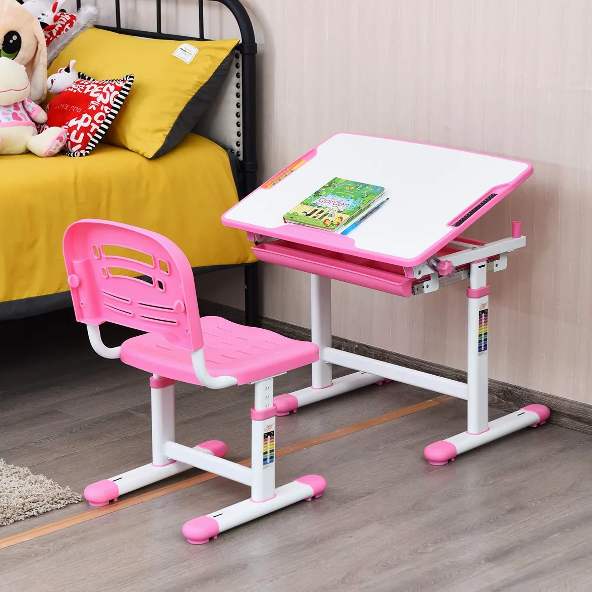 COSTWAY Set Sedia e Scrivania per Bambini Altezza e Angolo Regolabile e Multifunzionale Confortevole Apprendimento Colori Disponibili: Blu/grigio/rosa (ROSA)