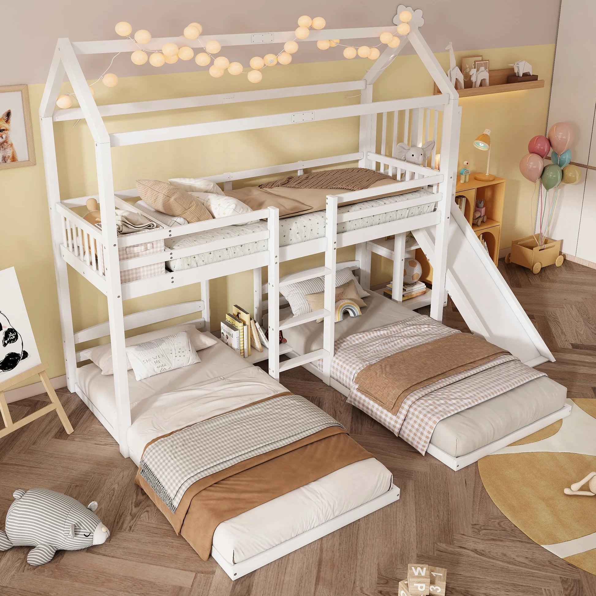 Letto a Castello 90 x 200 cm, Letto a Castello con Scivolo e 3 Posti Letto, per Ragazzi e Bambini (senza Materasso)