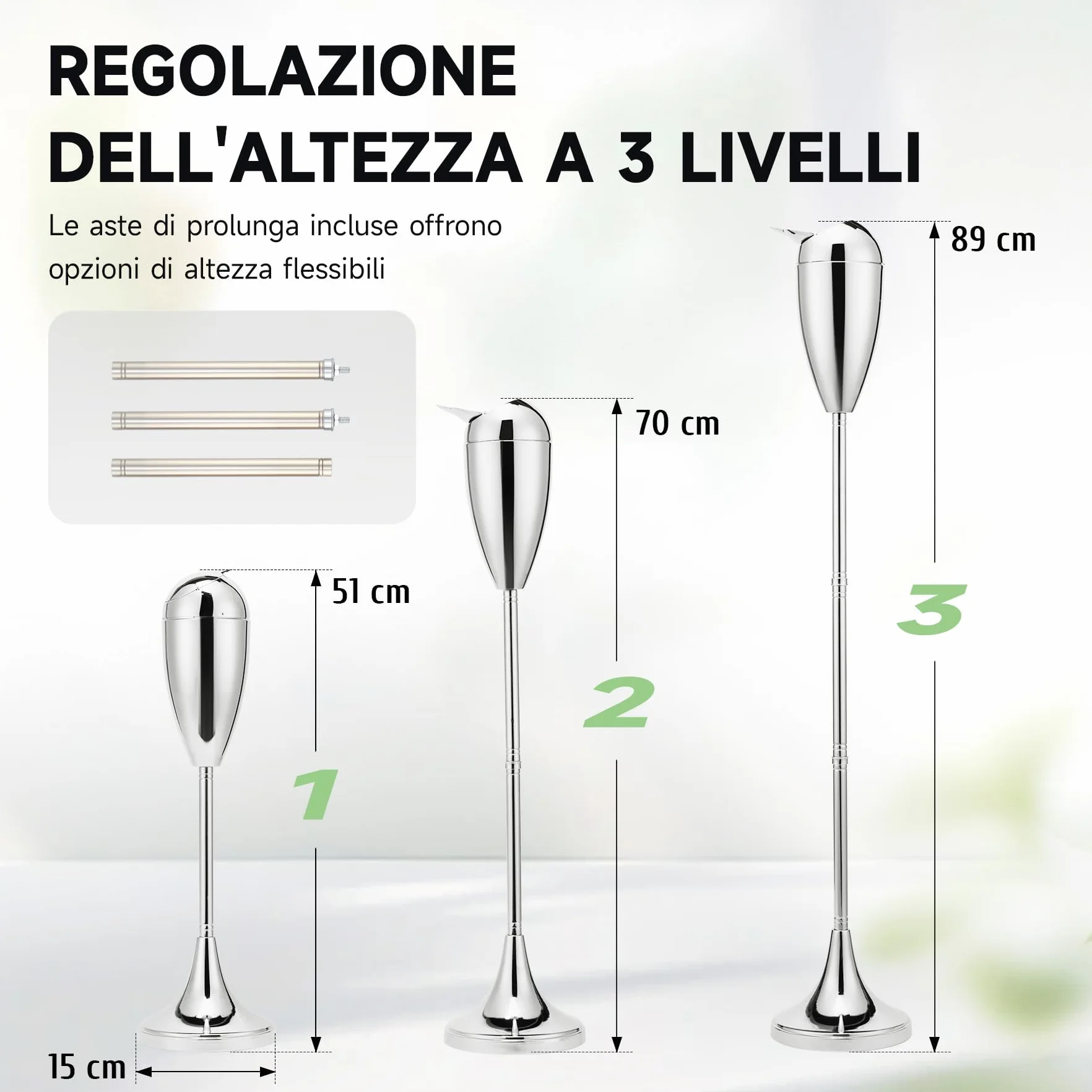 CO-Z Posacenere da Terra Regolabile in Altezza in Metallo Cromato 50,8-88,9 cm