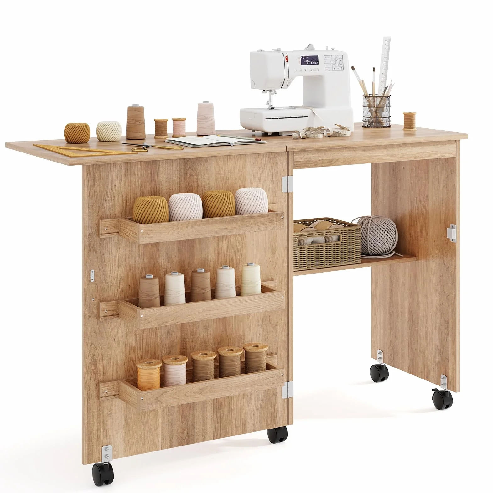 GIANTEX Tavolo da Cucito Pieghevole con Ruote, Mobile per Macchina da Cucire con 4 Ripiani Aperti e Ampio Piano di Lavoro, Ideale per Soggiorno, Camera da Letto e Sala Hobby (Naturale)
