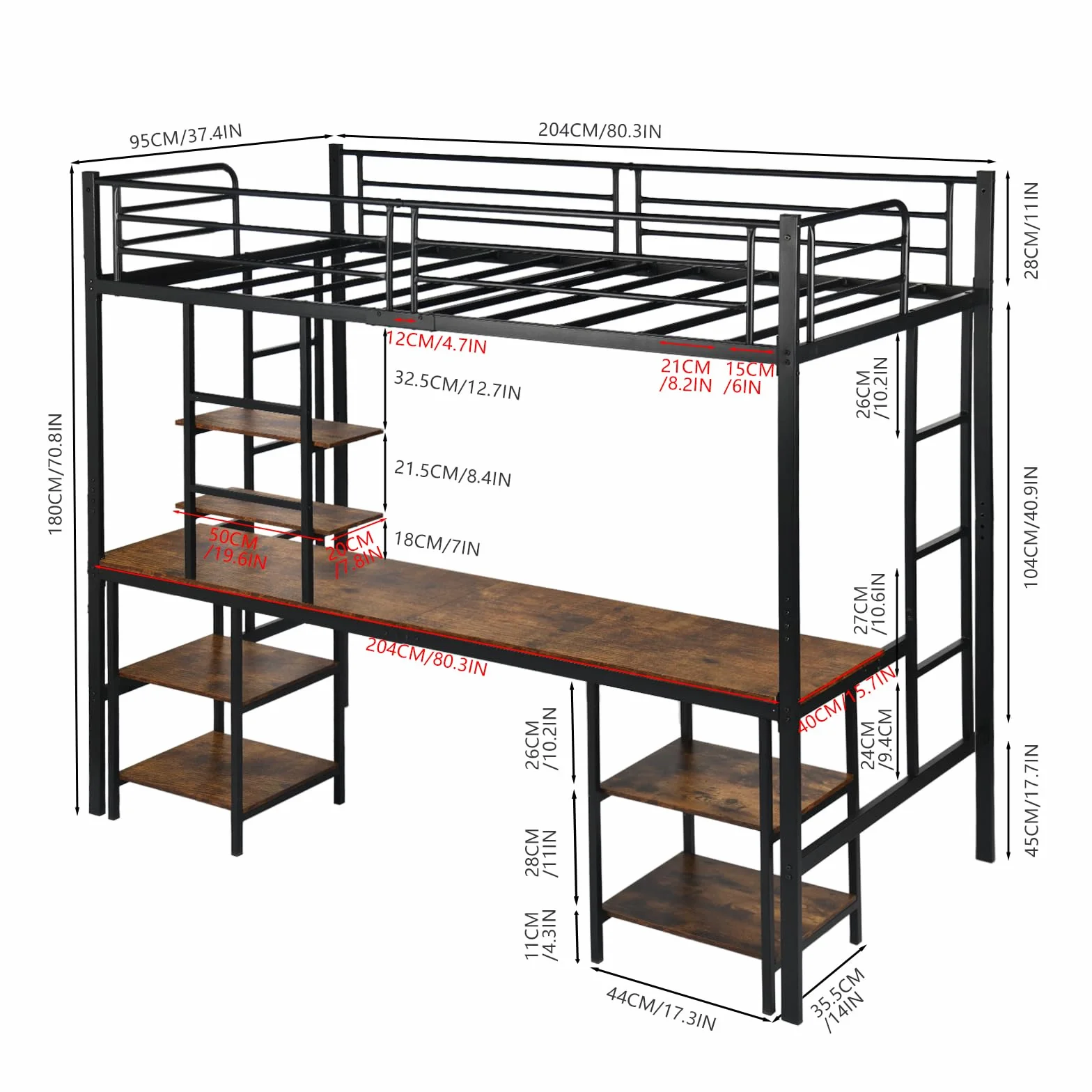 Letto a soppalco in metallo 90 x 200 cm, letto a soppalco con scrivania e librerie, Stile industriale, Letti per bambini, ragazzi e adulti, Nero