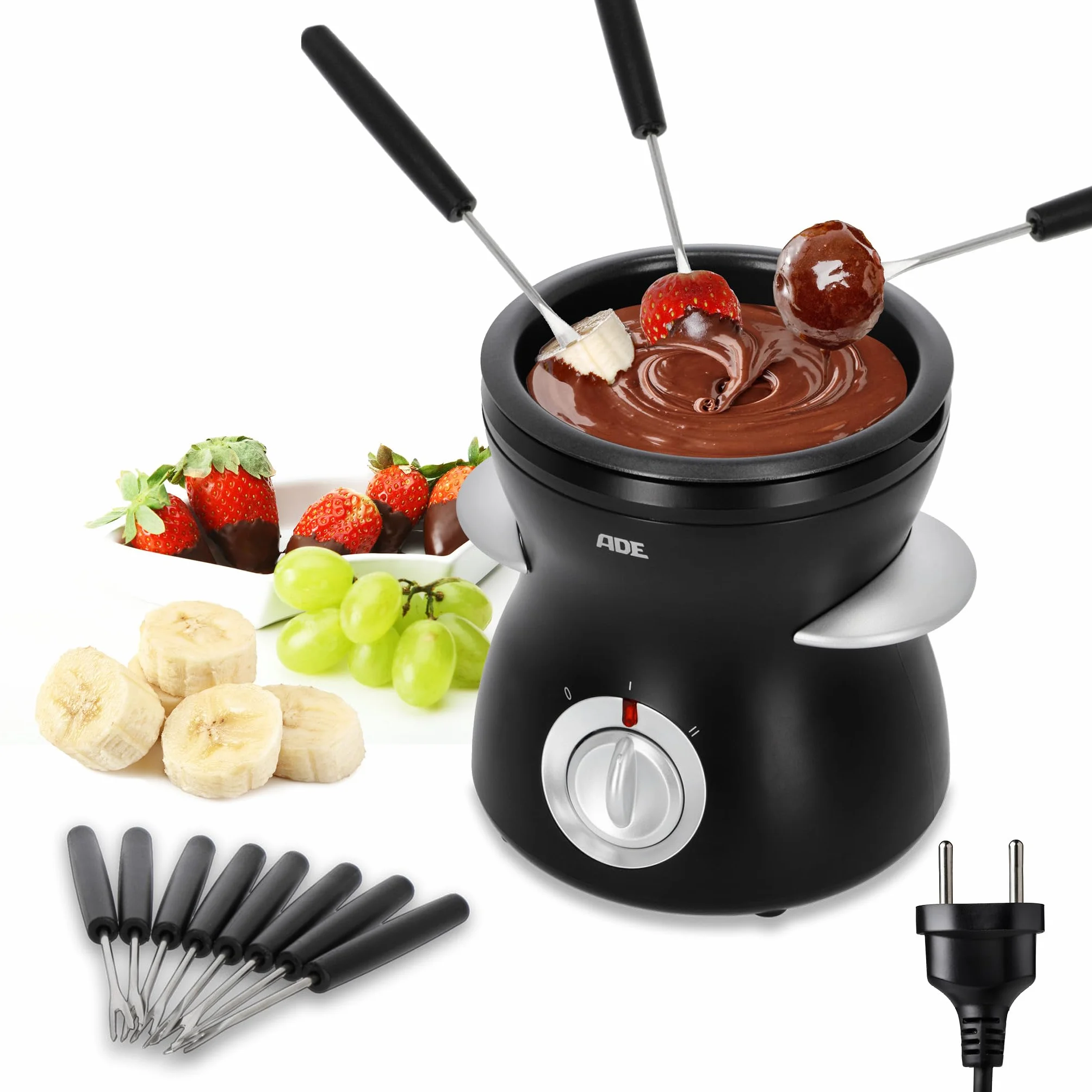 ADE Set per fonduta di cioccolato elettrico 500ml con 8 forchette 2 temperature ciotola rimovibile rivestita in teflon