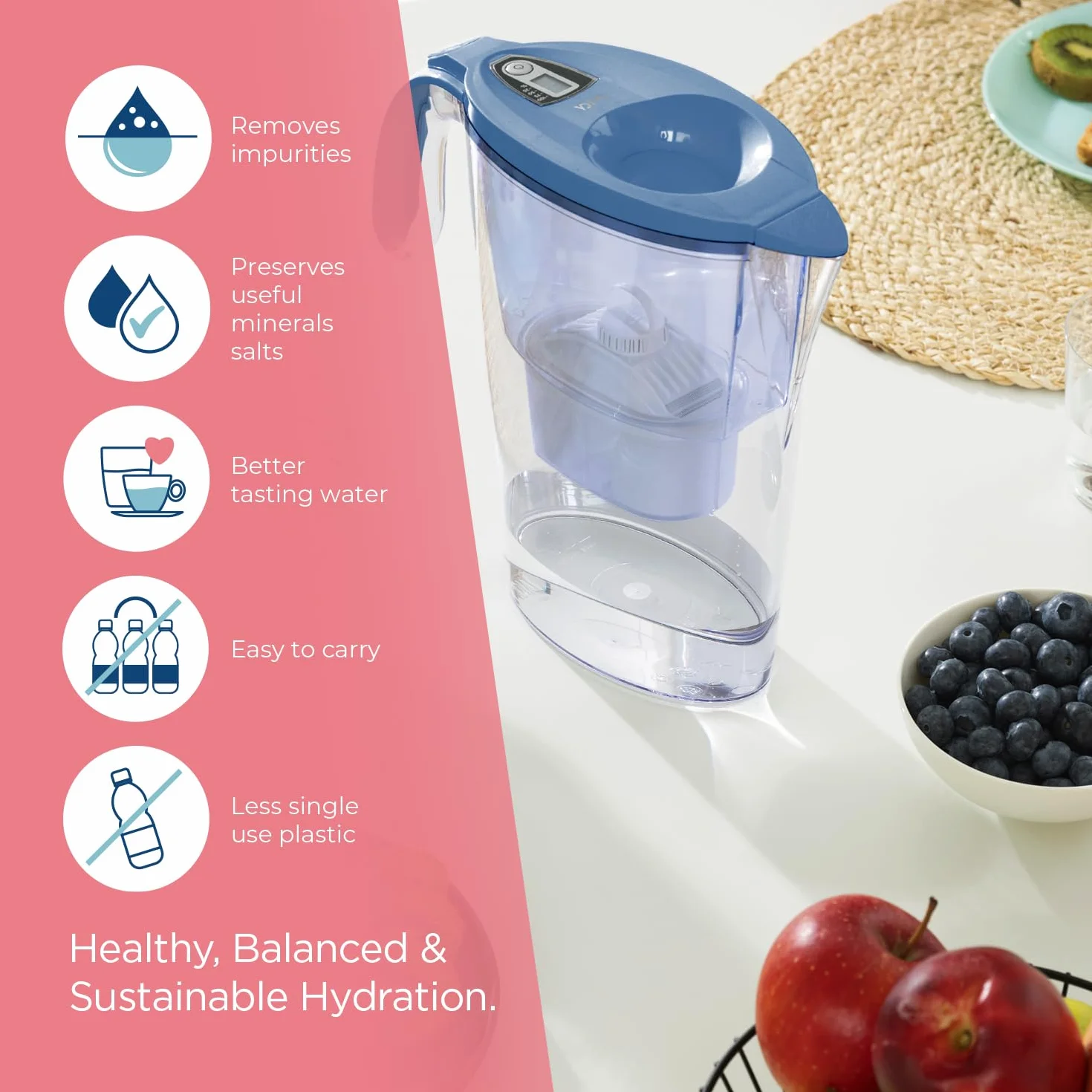 LAICA Stream Line Caraffa Filtrante 2,3L Blu Timer Digitale 6 Filtri bi-flux Inclusi Made in Italy