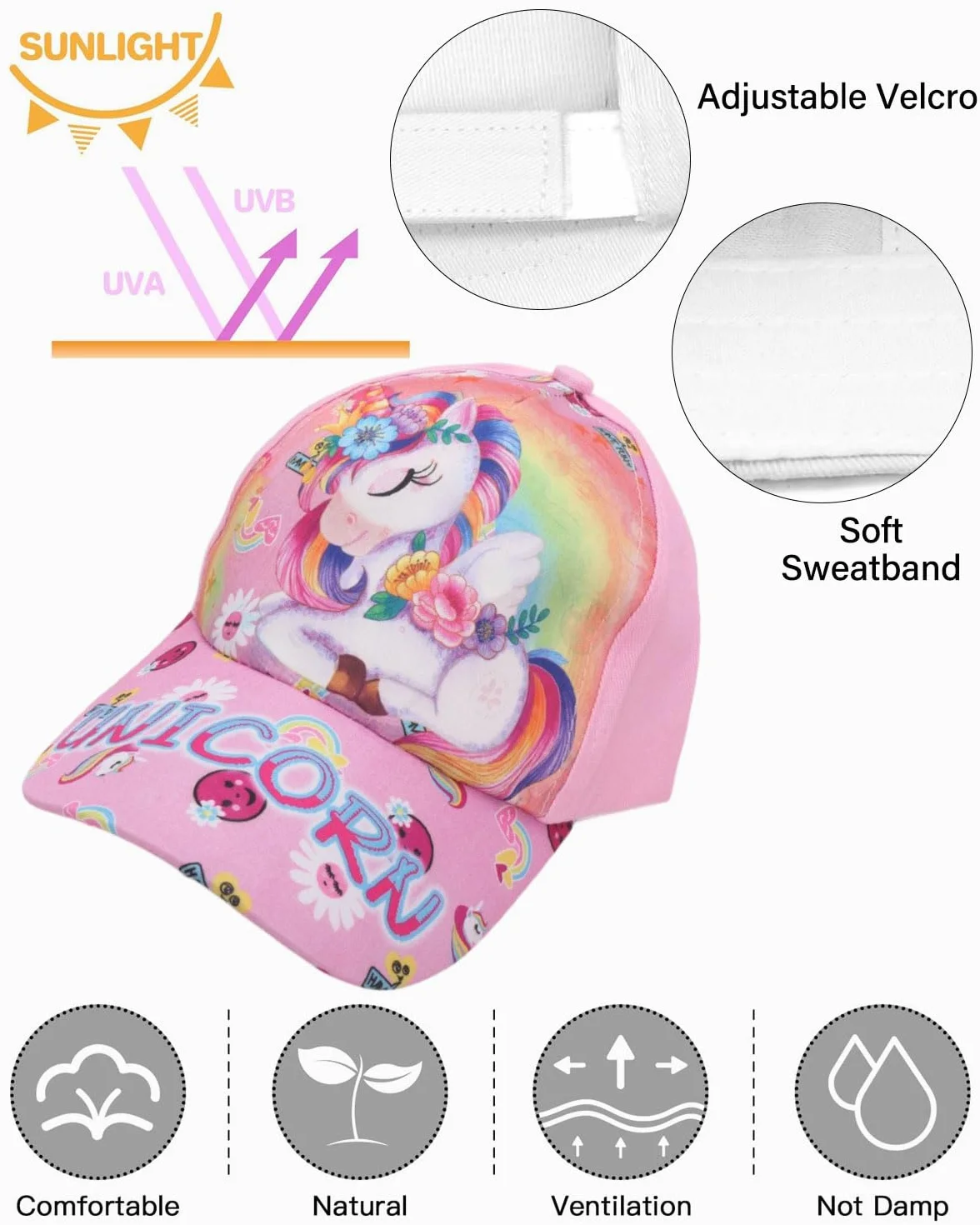 Berretto da Baseball per Ragazze in Cotone Snapback Unicorno