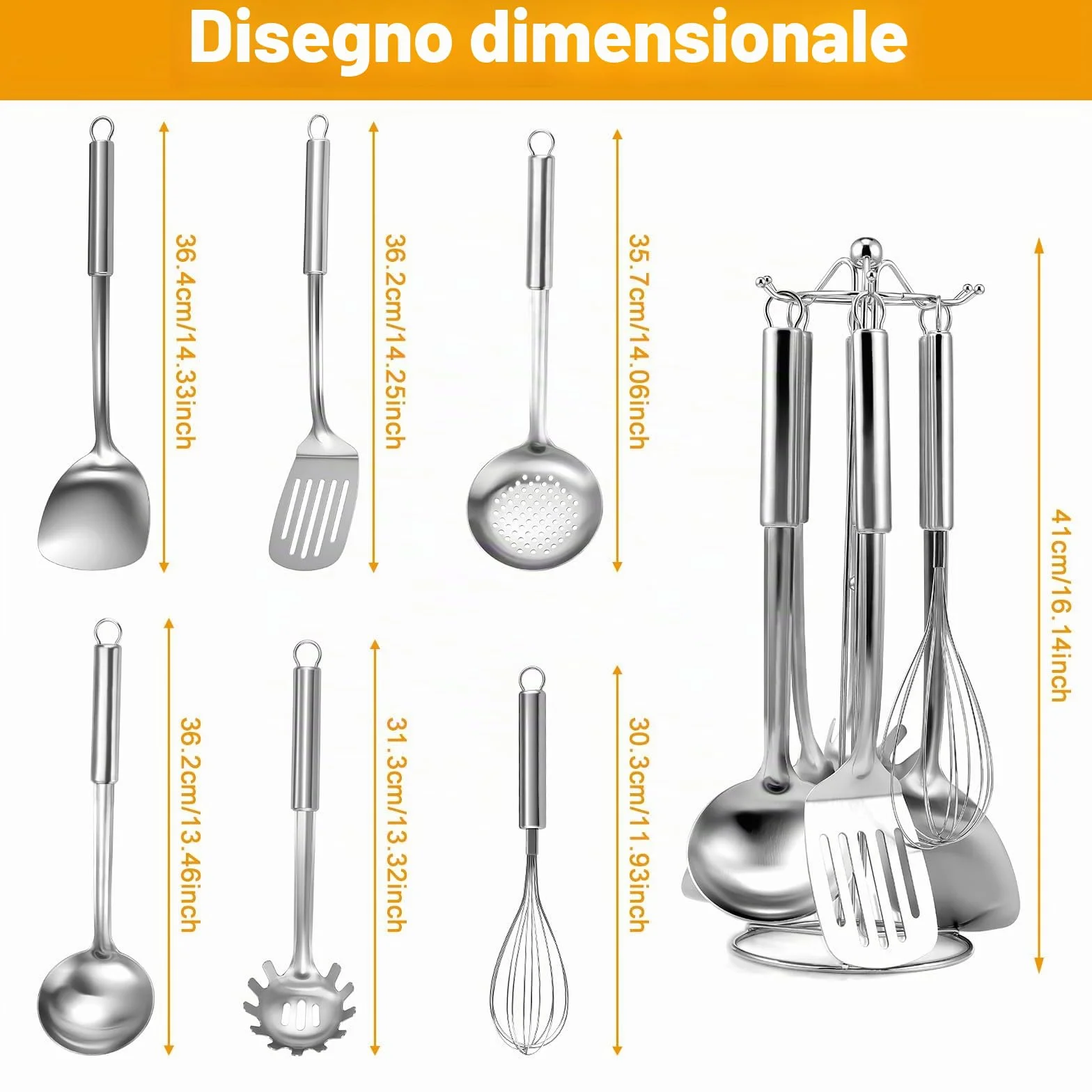Set 7 utensili cucina acciaio inox con manico appendibile lavabile in lavastoviglie