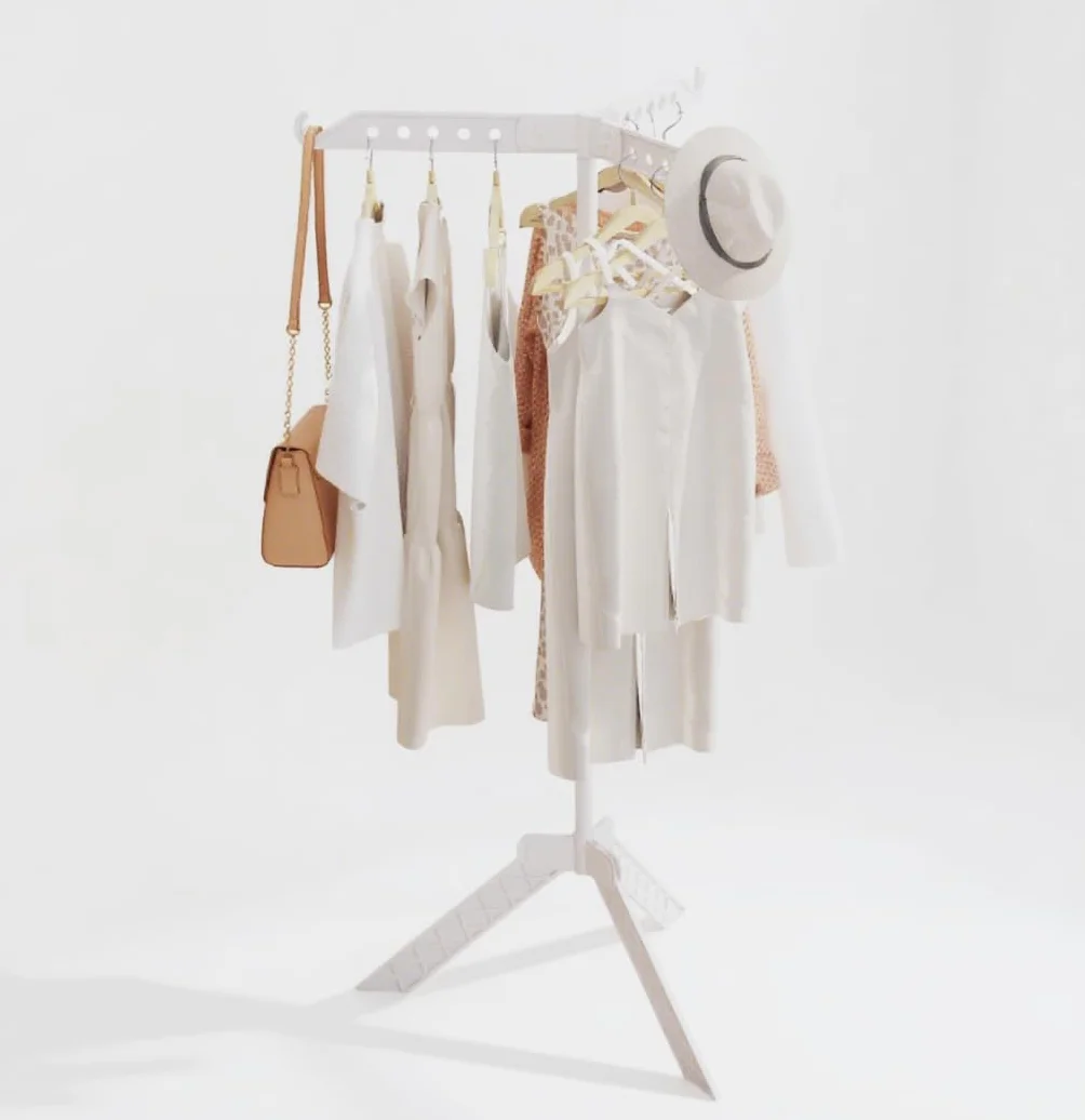 Stendibiancheria Da Pavimento, Stendino Pieghevole con 3 Bracci per Hangers, Rotazione a 360° Stendino per Esterno/Interno/Balcone - Bianco