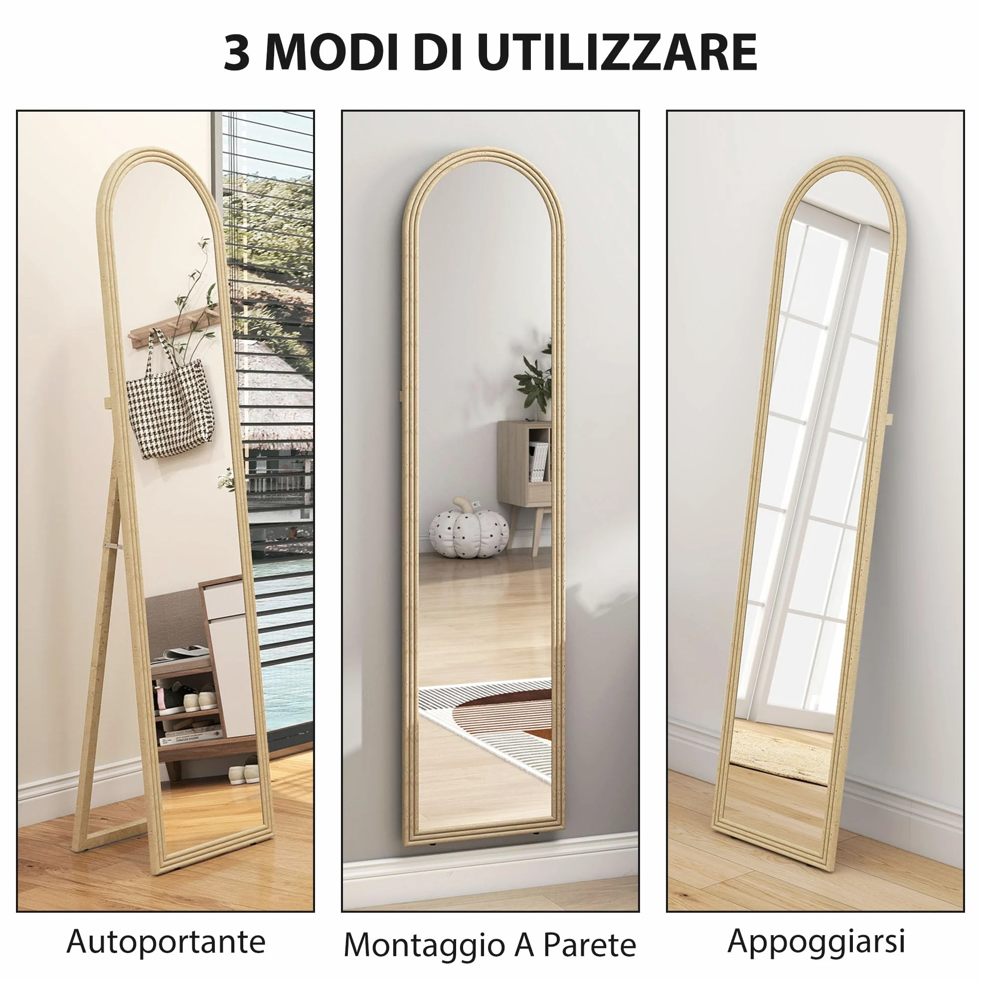 HOMCOM Specchio da Terra Moderno a Figura Intera, 40x160 cm Specchio da Parete e Autoportante ad Arco con Cavalletto Effetto Pietra, per Camera da Letto, Soggiorno e Ingresso, Beige