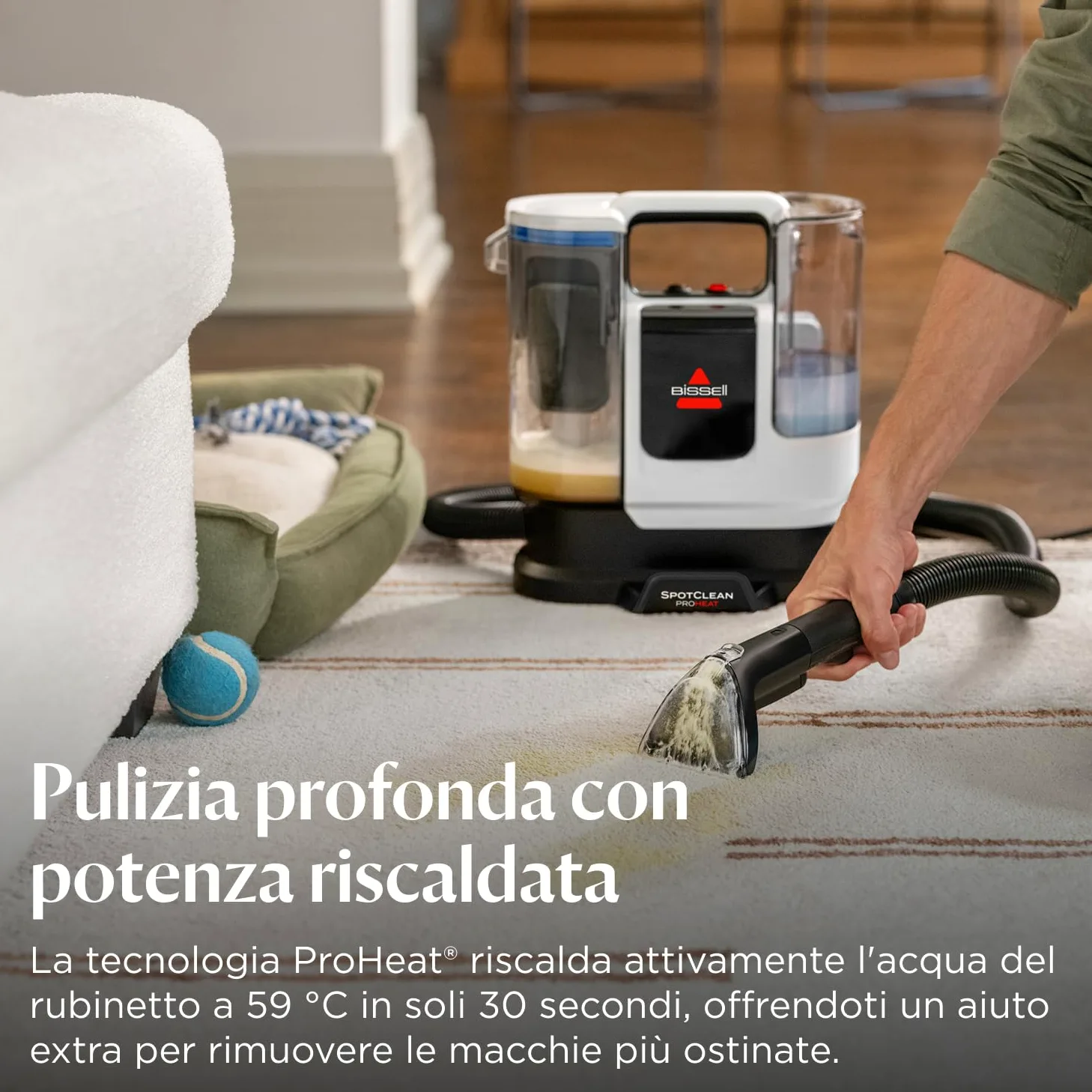 BISSELL SpotClean ProHeat Advanced, Lavatappeti, Pulitore per tappeti e tappezzeria, Lava tappezzeria, Motore 1125W, Pulizia tripla macchie ostinate, Compatto multi-superficie, Filaire, 3924N