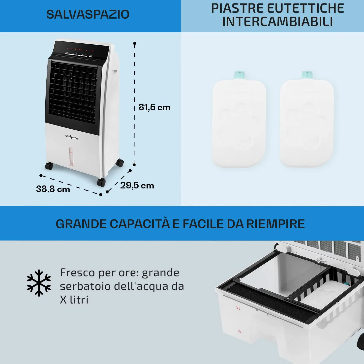 OneConcept Condizionatore Portatile Senza Tubo 65W 4 in 1, Umidificatore, Climatizzatore Portatile, Ionizzatore per Casa/Ufficio, Ventilatore Aria Fredda, Raffrescatore d’Aria 360m³/h, Serbatoio da 8L