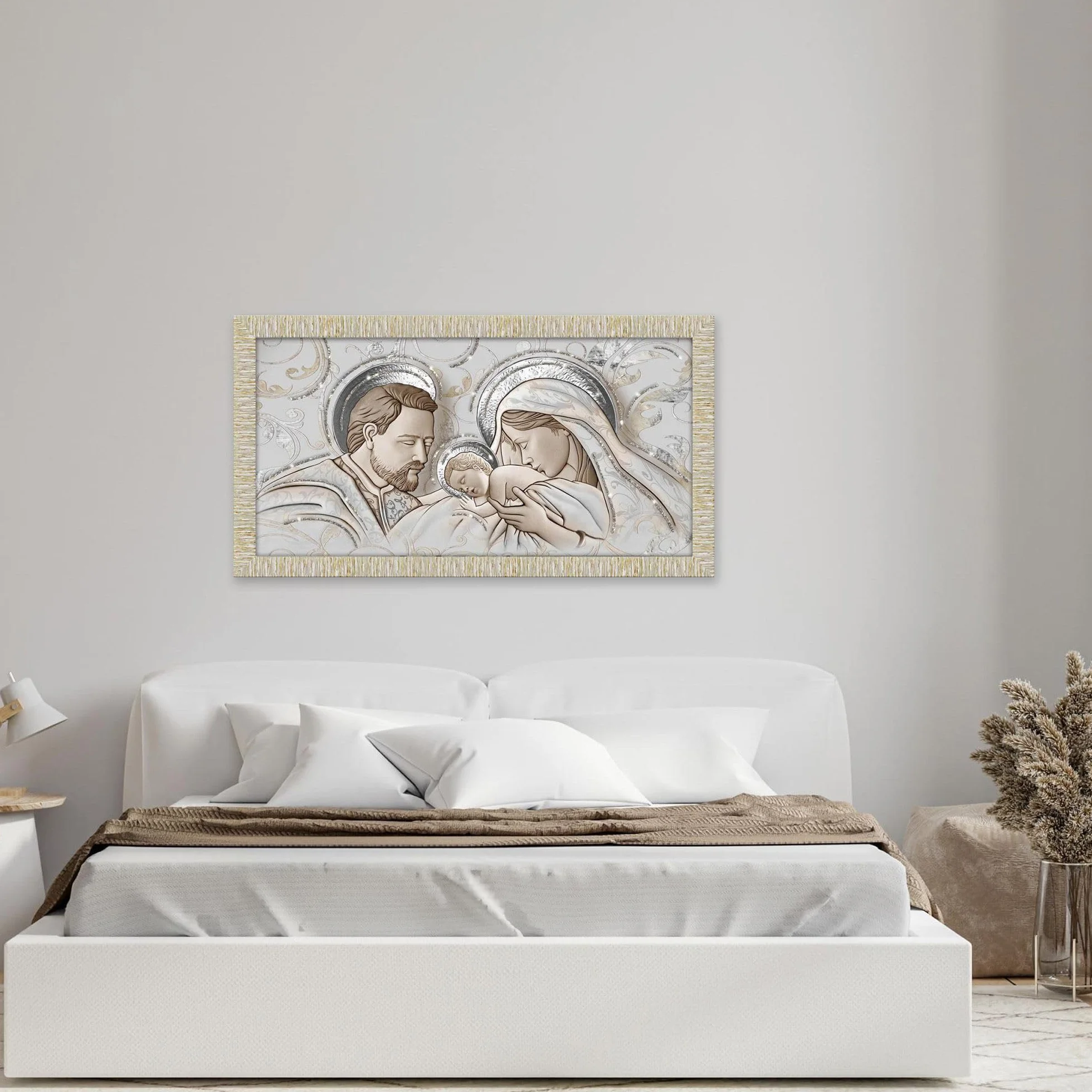 Quadro Moderno The Kiss Ceramic Mix Sacra Famiglia GIOVY Decorazione Glitter Cornice Legno Striata Oro 60x110 cm Stampa su Legno