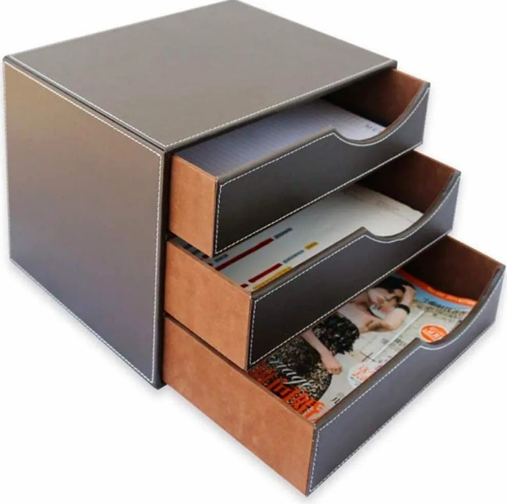 Schedario piatto con 3 cassetti, organizer per documenti da scrivania, con cassetto marrone, libreria