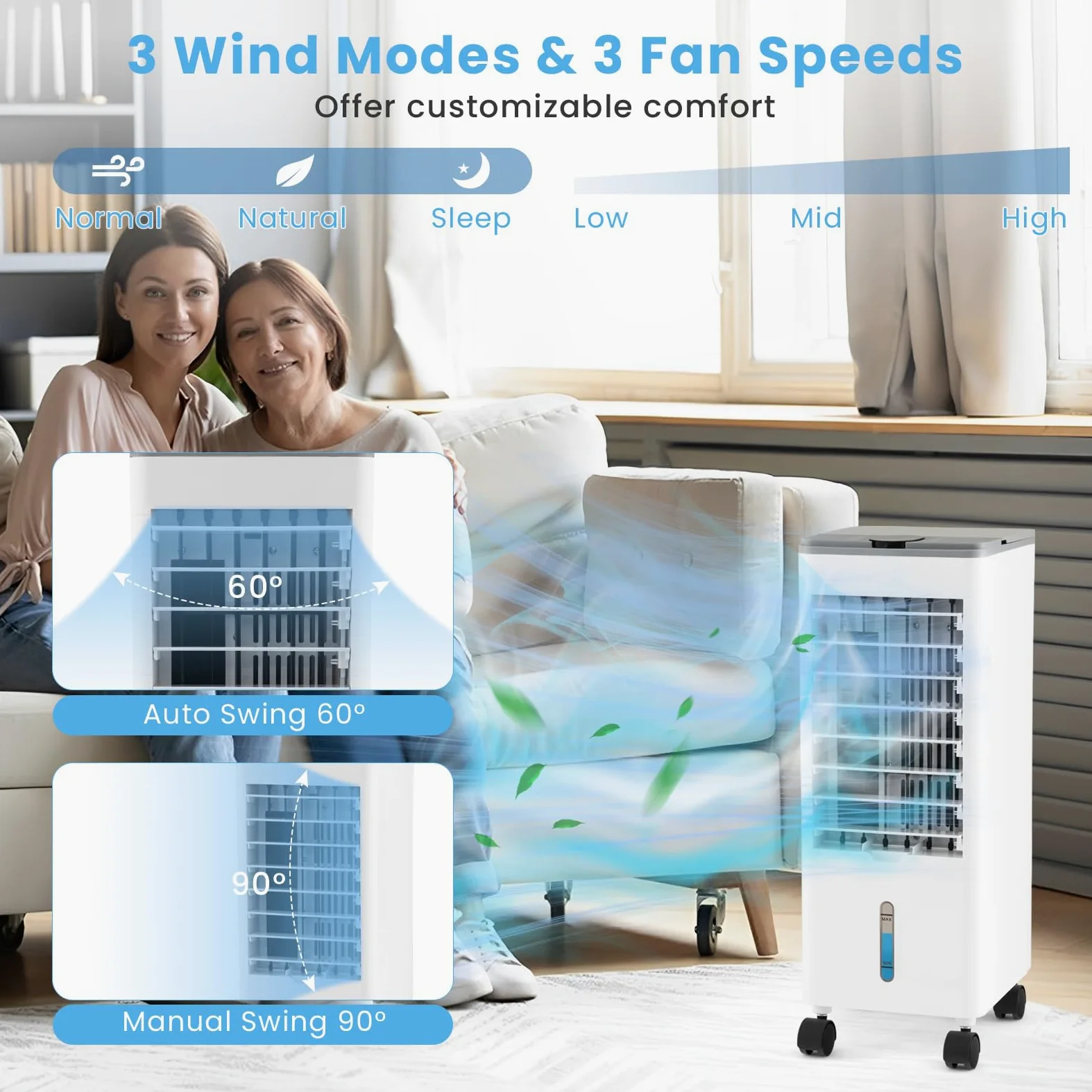 SOARS Ventilatore Condizionatore, 3 in 1 Ventilatore & Umidificatore & Raffrescatore, 3 Velocità, 2 Serbatoi d'Acqua, Timer 12H, Telecomando, per Salone, Camera da Letto, Ufficio (Grigio)
