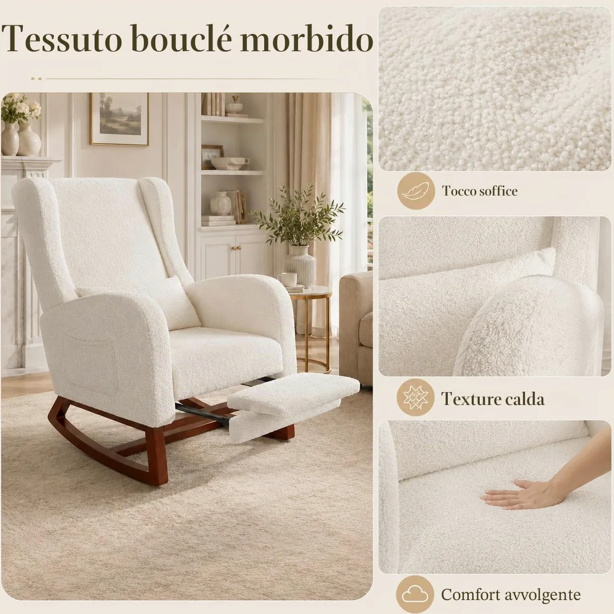 Poltrona a dondolo con poggiapiedi, sedia a dondolo, poltrona a dondolo relax a dondolo cuscino lombare, con tasca laterale e braccioli, sedia a dondolo camera (Sherpa, bianco sporco)
