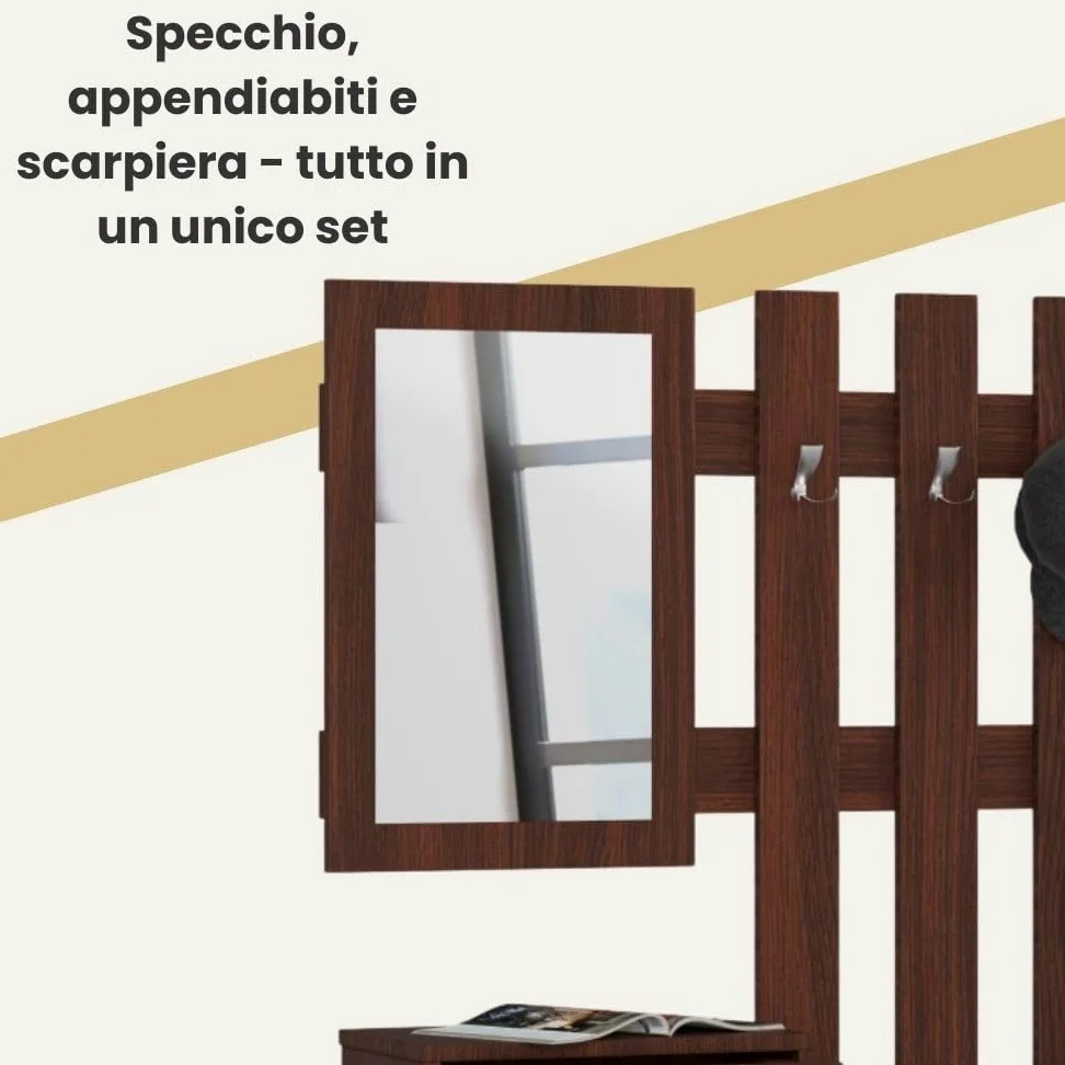 AKORD | Guardaroba Completo 2 Pezzi | Scarpiera con Piano e Cassetto 90 x 70 x 25 cm | e Appendiabiti a Muro con Specchio 90 x 100 cm | Set Completo Ingresso | Peso 39 kg | Wenge