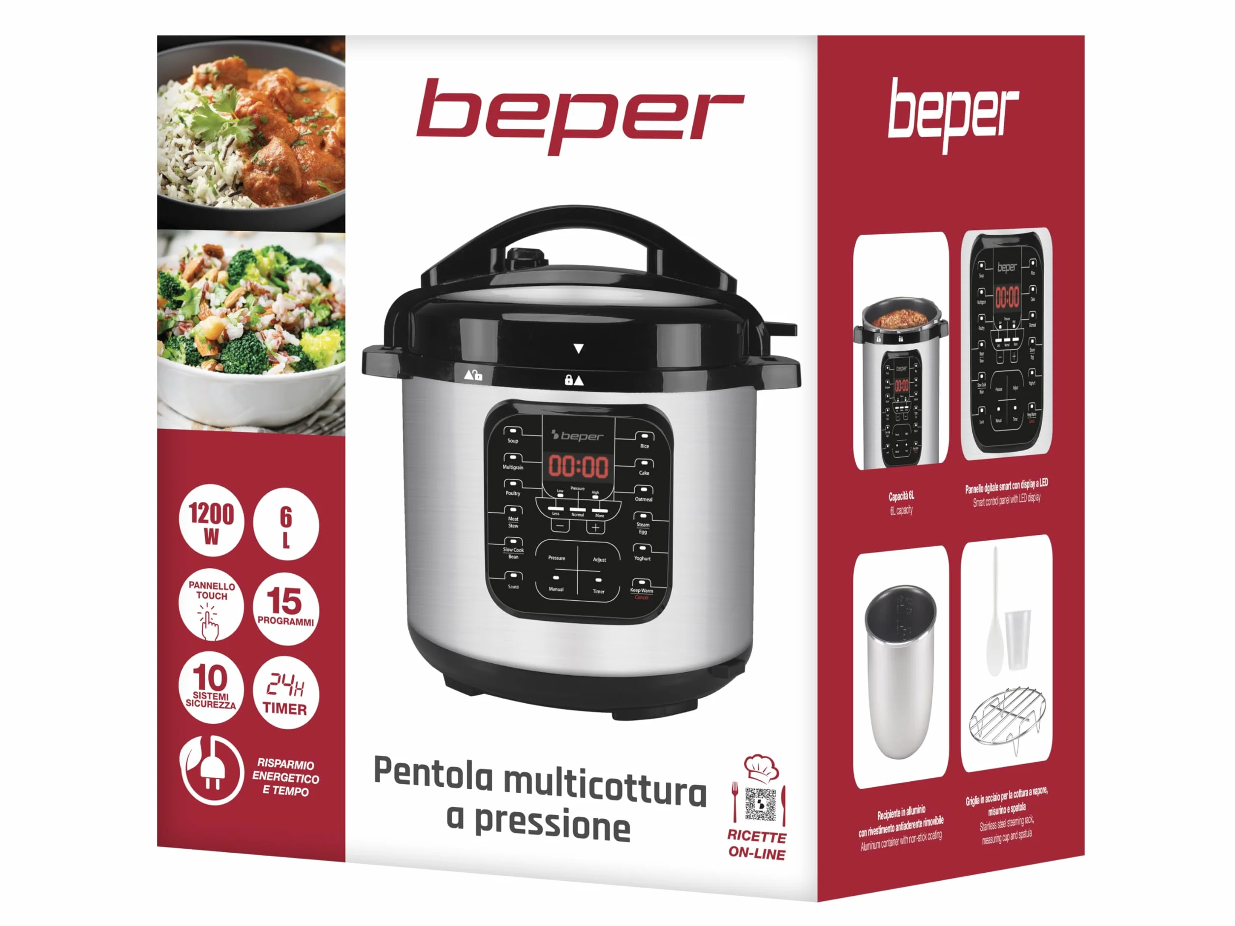 BEPER P101COS001 Pentola a Pressione Elettrica 6L 15 Programmi Acciaio Inossidabile Multicooker Slow Cooker