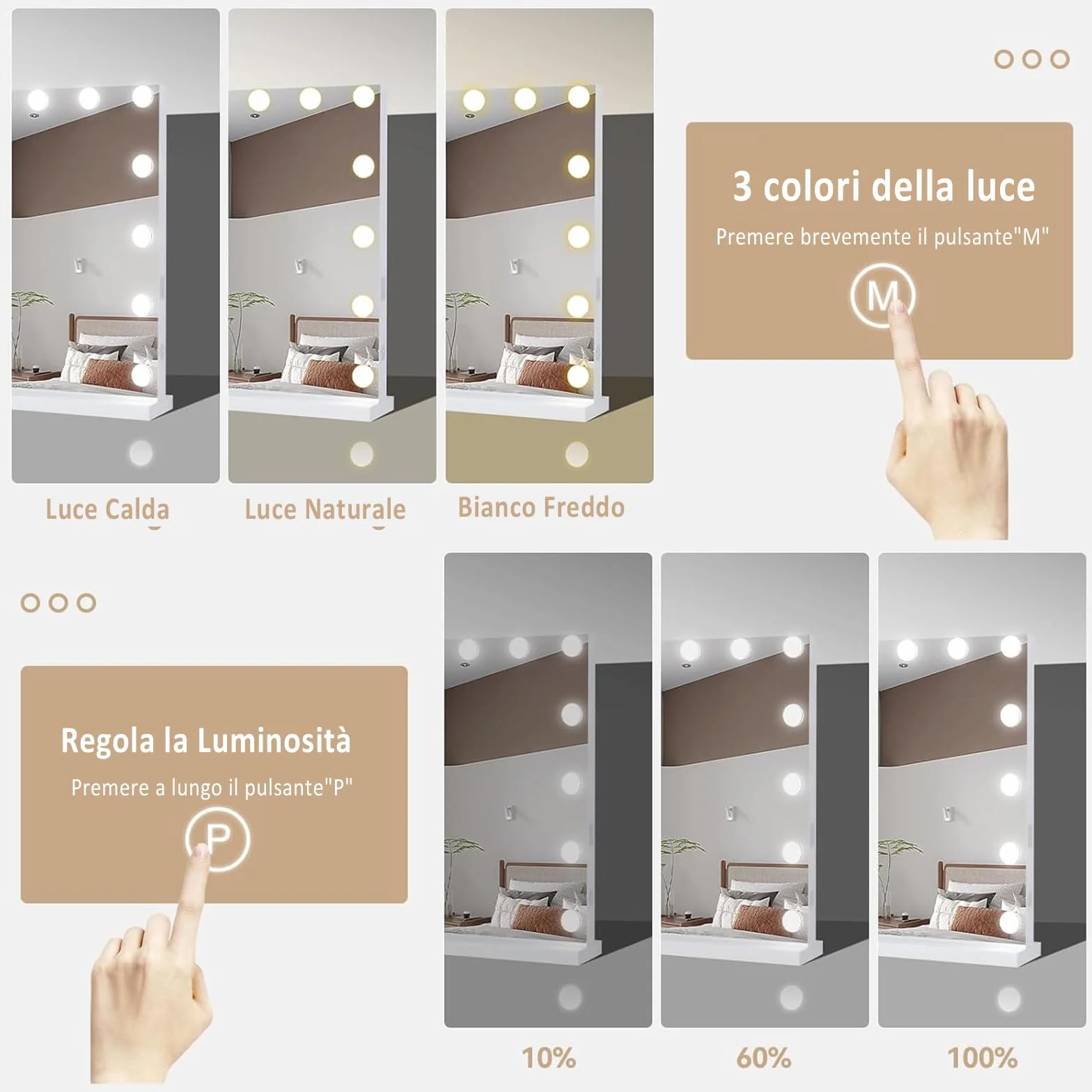 YU YUSING Specchio Trucco con Luci Hollywood, 58X45cm Specchio 15 Lampadine Led Trucco USB, 3 Temperature di Colore, Specchio da Tavolo 10X, Specchio Cosmetico da Parete, Controllo Tattile, Bianco