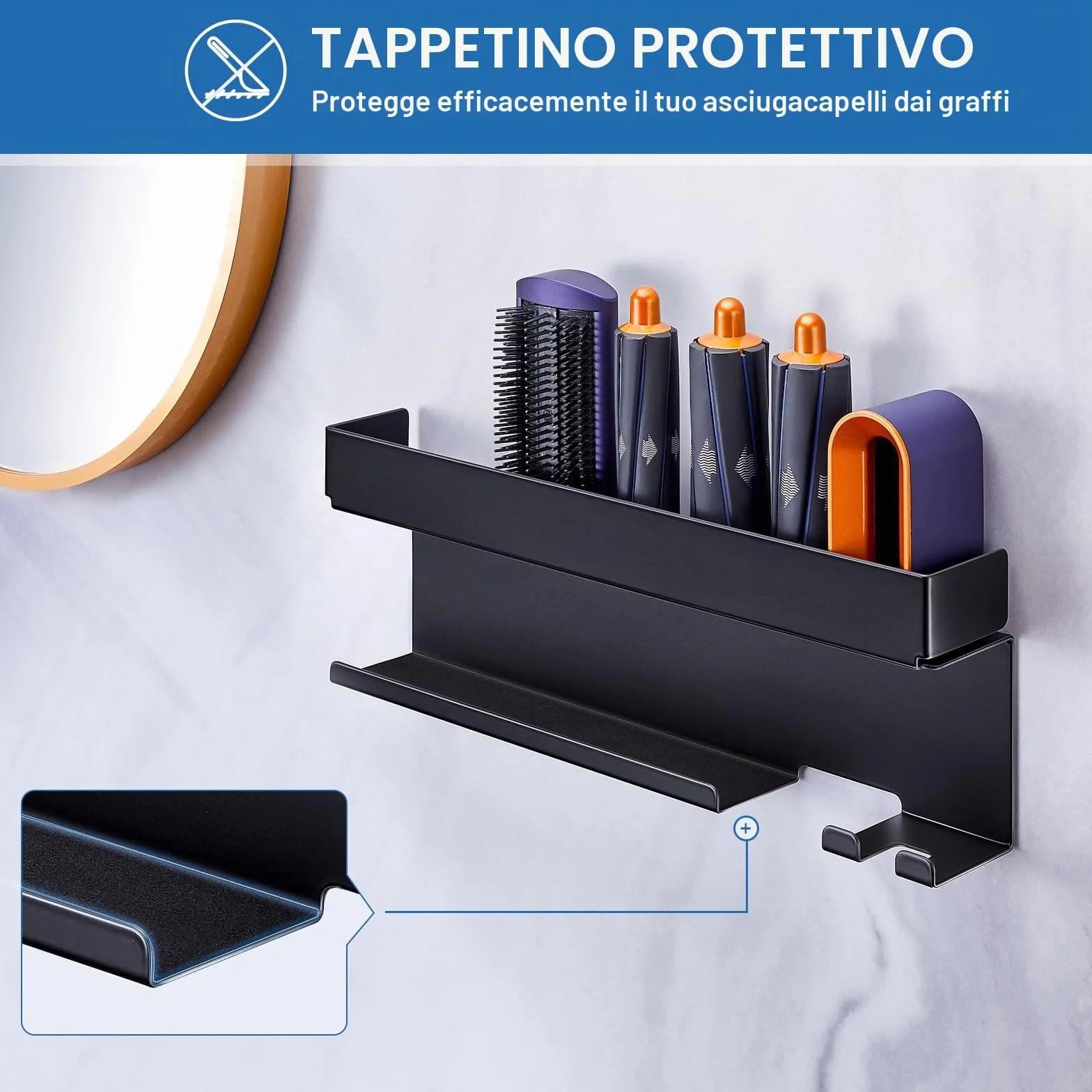 Supporto Phon Da Parete, Lo Stent Asciugacapelli È Adatto Per Gli Accessori Styler Curling Device, Supporto Autoadesivo Per Asciugacapelli, Porta Phon Bagno (Nero)