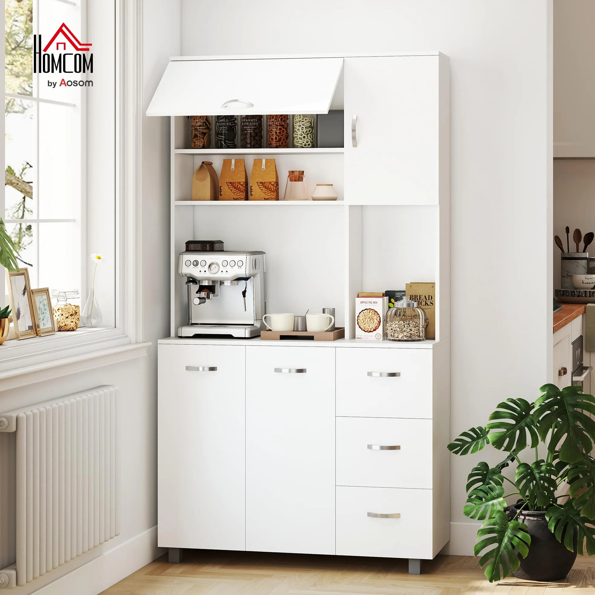 HOMCOM Credenza Alta Moderna con Cassetti e Armadietti, Mobile Cucina per Microonde con Ripiani Aperti, 100x39.5x183.5cm, Bianco