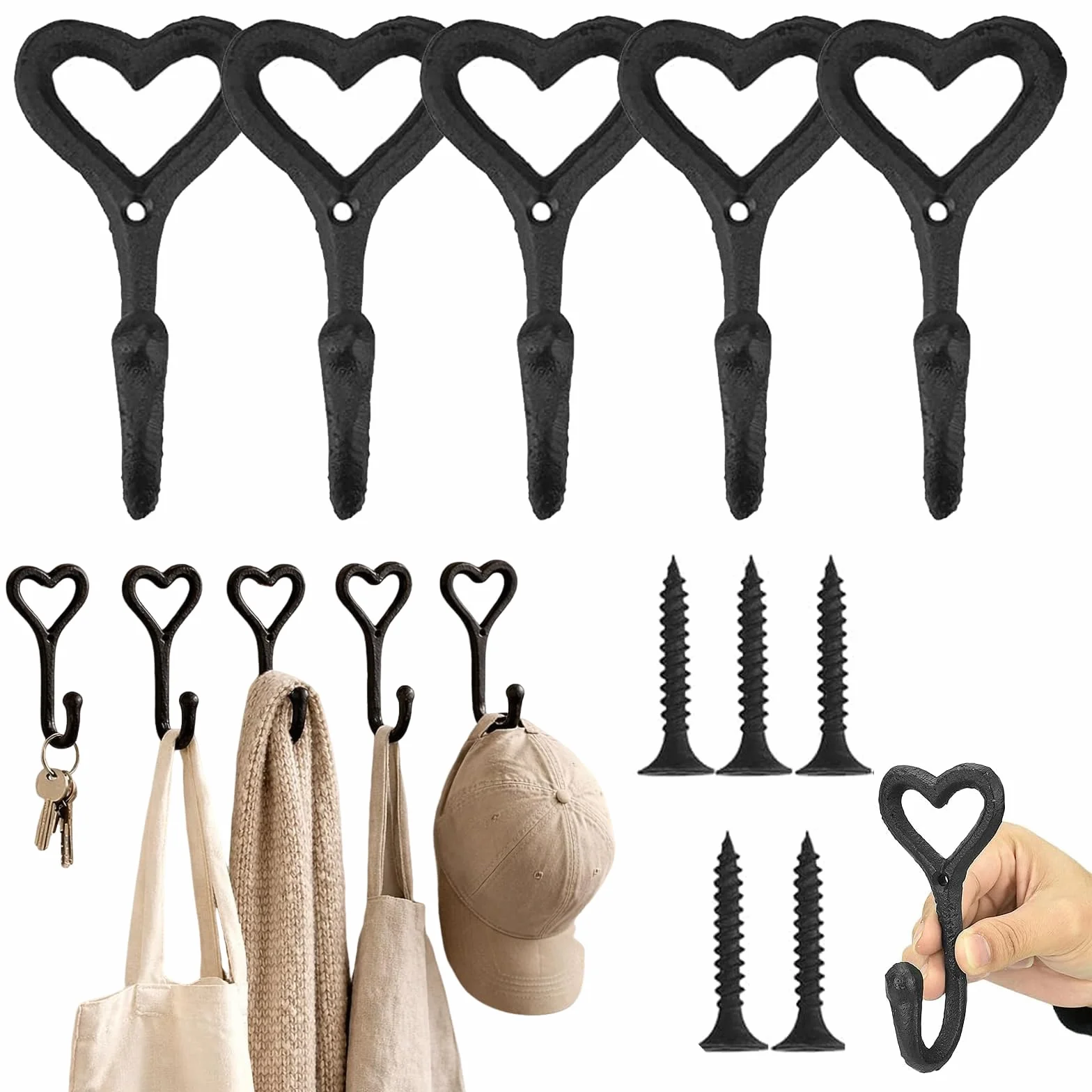Ganci Appendiabiti in Metallo a Forma di Cuore, Set da 5, Stile Retrò, per Parete, Bagno, Cucina