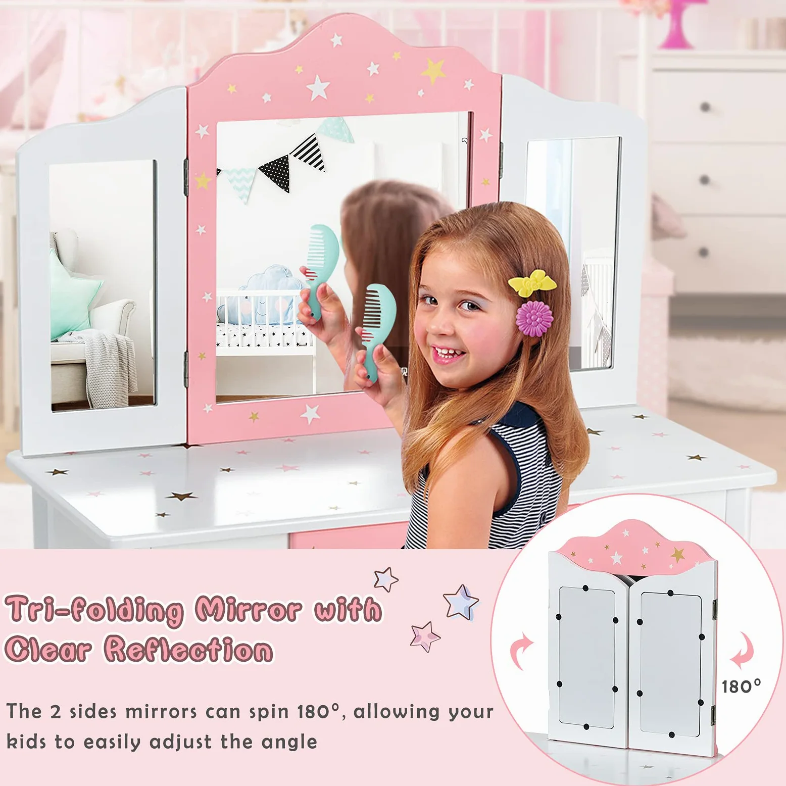 RELAX4LIFE 2 in 1 Toeletta Trucco Bambina con Specchio e Sgabello, Centro di Bellezza, Giocattolo da Trucco, Set Tavolo da Trucco in Legno per 3 4 5 6 Anni (Bianca)