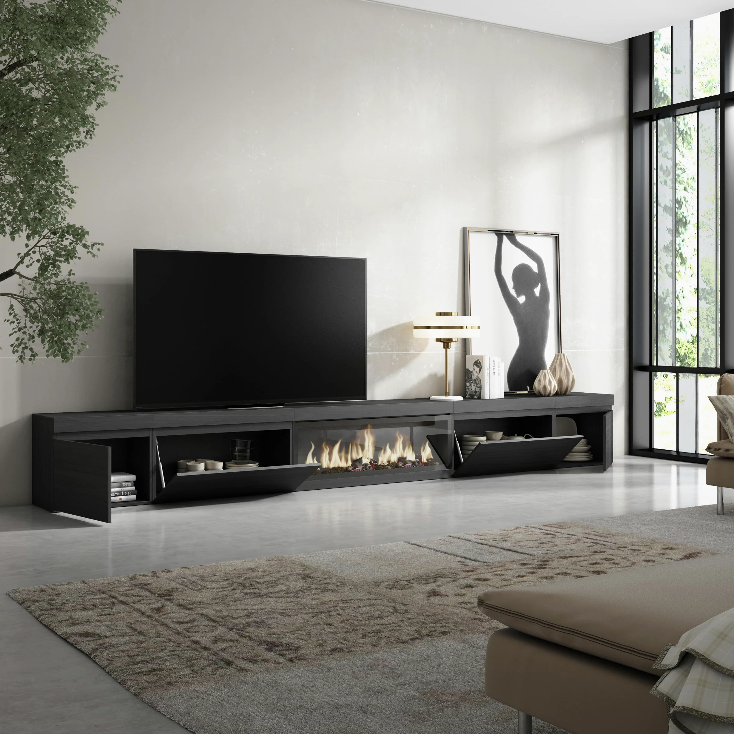 Skraut Home | Mobile TV Soggiorno | Ampio spazio a disposizione | 368x45x35 | Camino elettrico XXL | Stile moderno | Nero