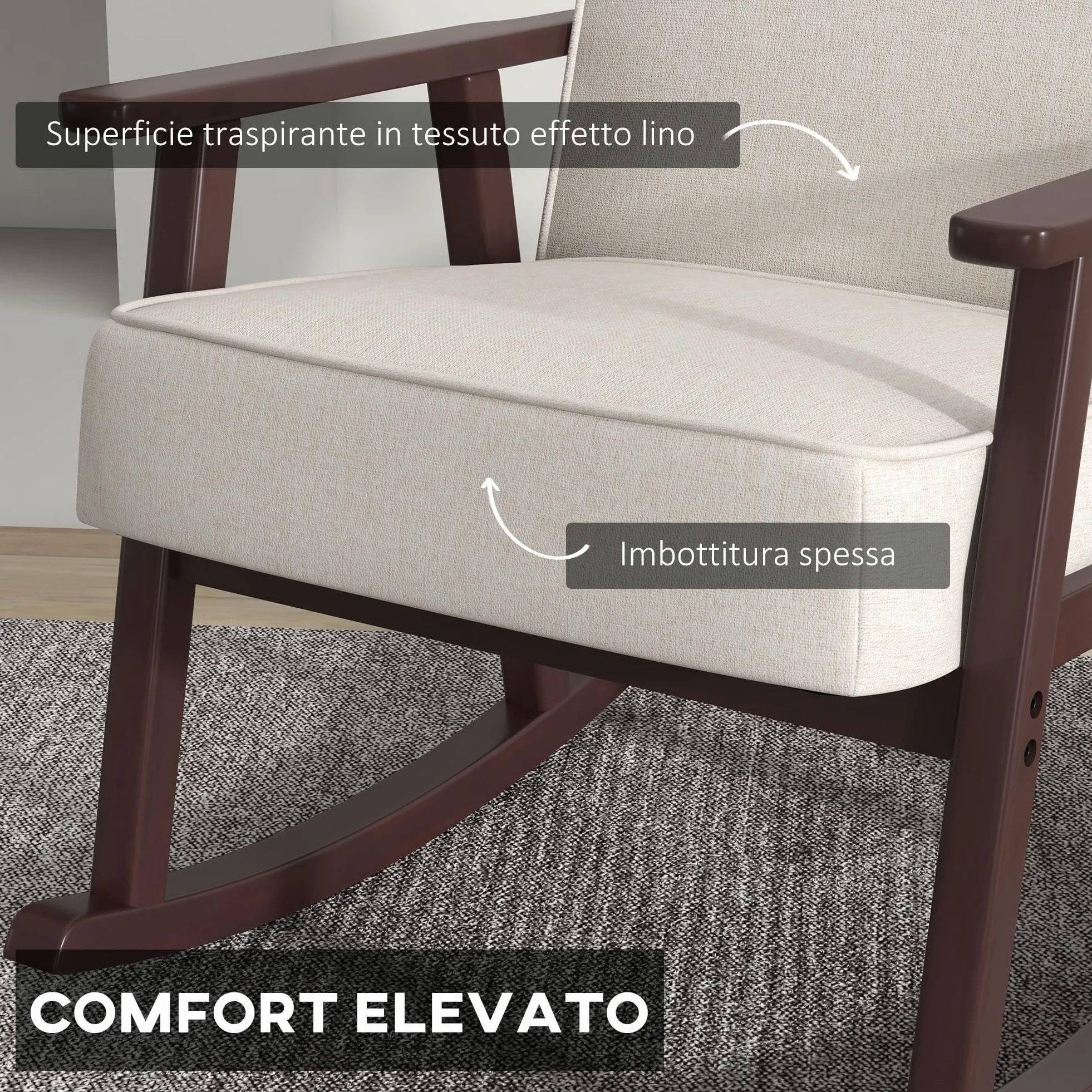 HOMCOM Poltrona a Dondolo per Interni in Tessuto Effetto Lino e Legno con Braccioli e Cuscini, 66x78x76 cm, Beige e Marrone